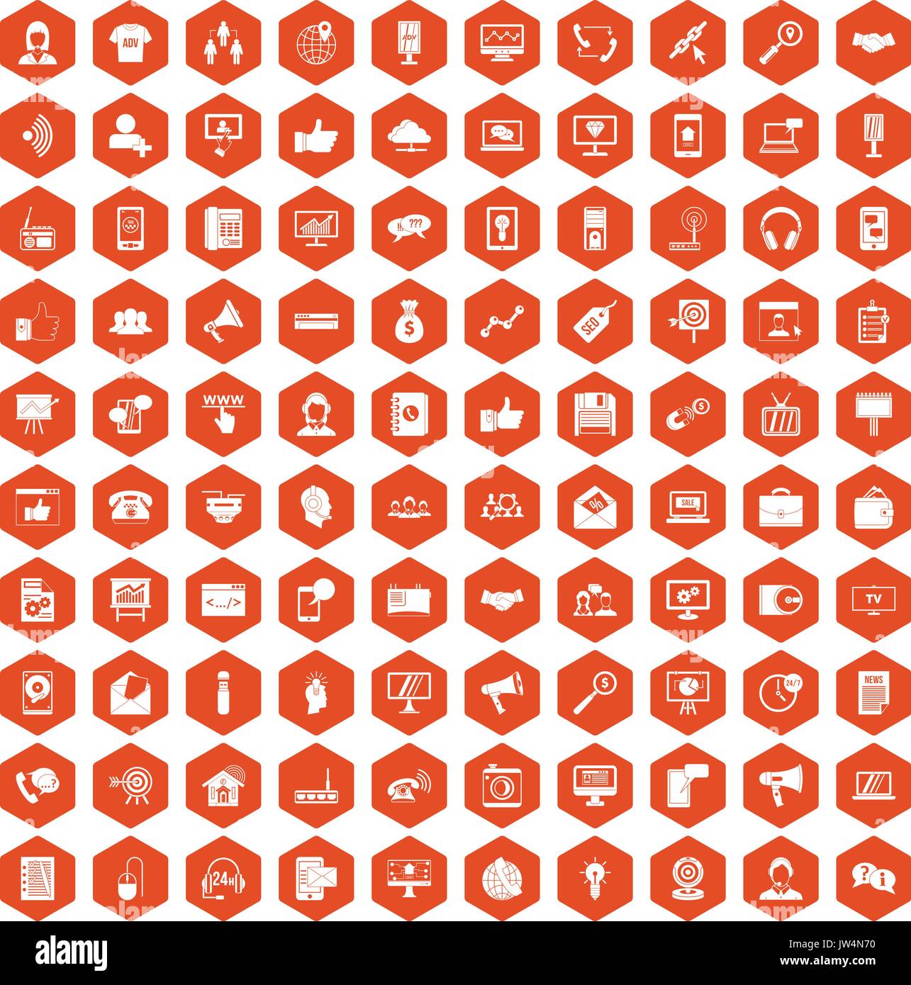 100 help desk icons hexagon orange Stock Vector