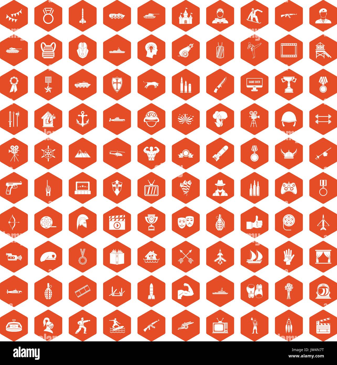 100 hero icons hexagon orange Stock Vector