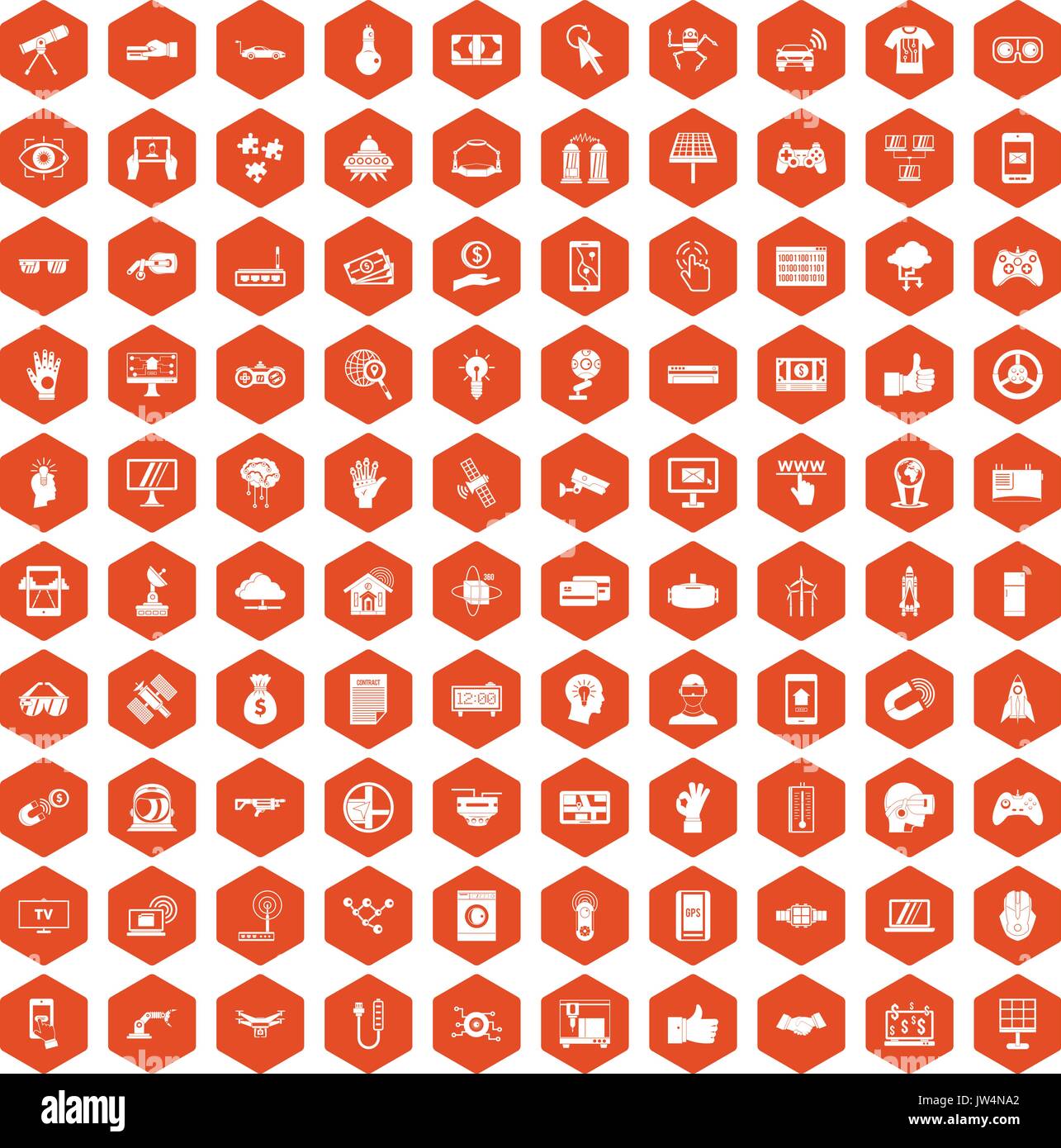 100 hi-tech icons hexagon orange Stock Vector