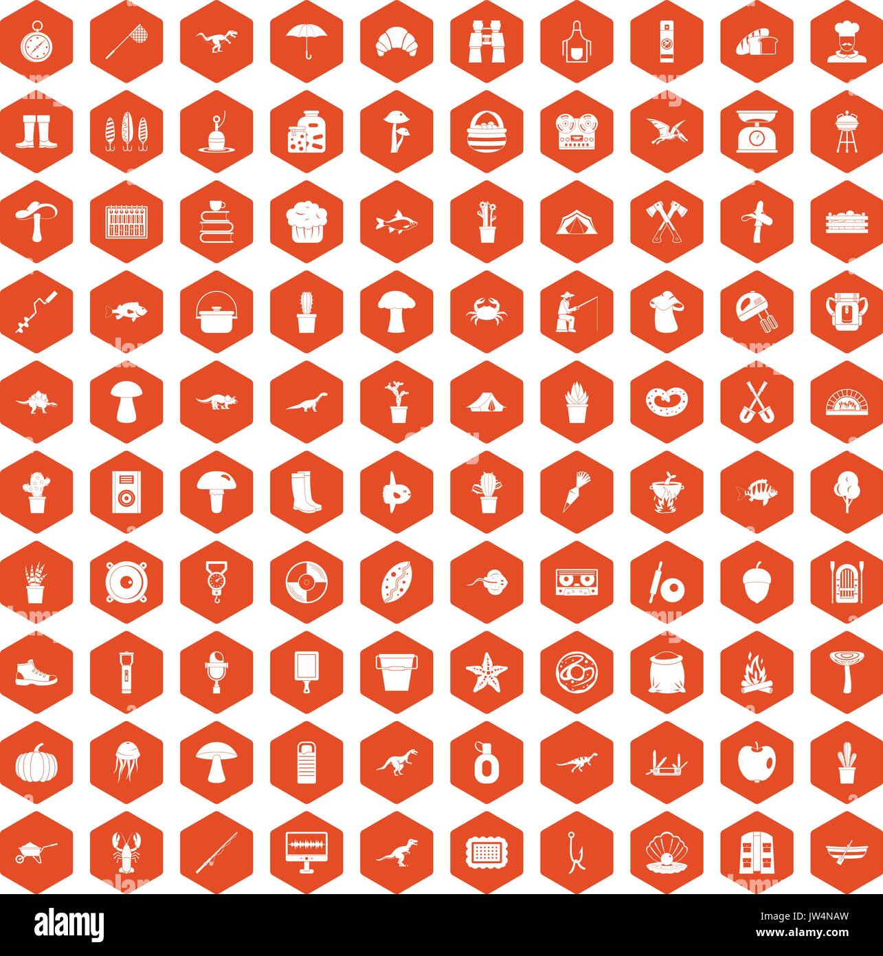 100 hobby icons hexagon orange Stock Vector