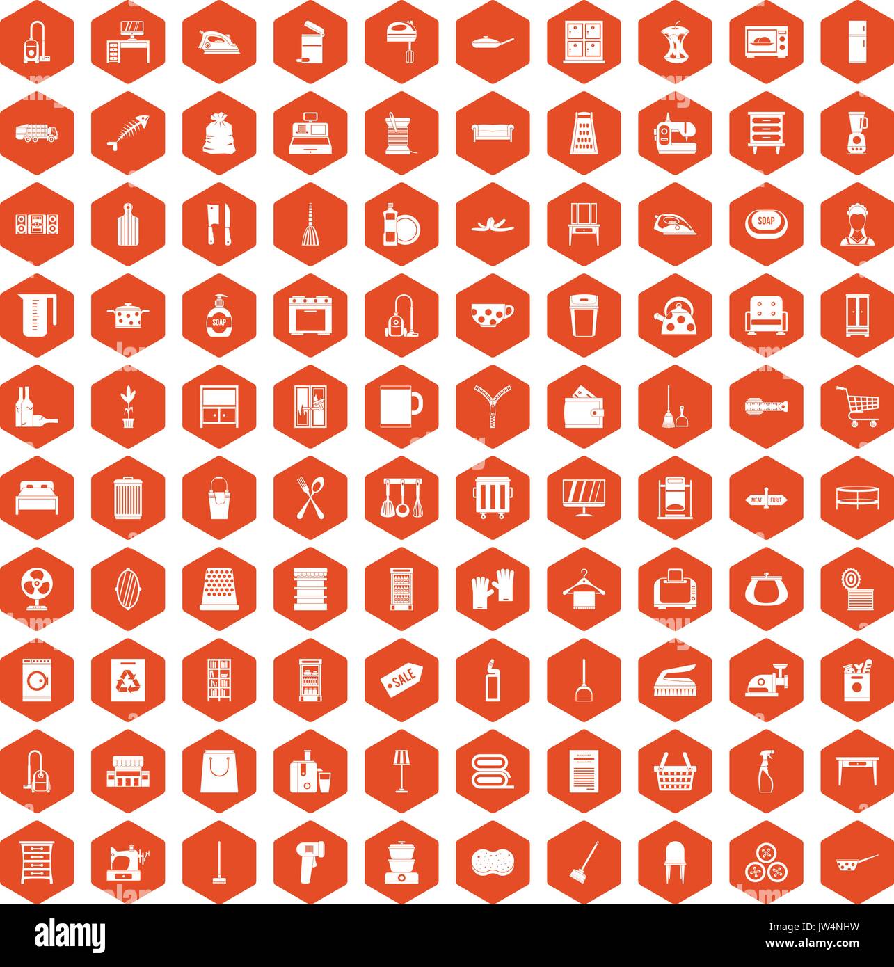 100 housework icons hexagon orange Stock Vector