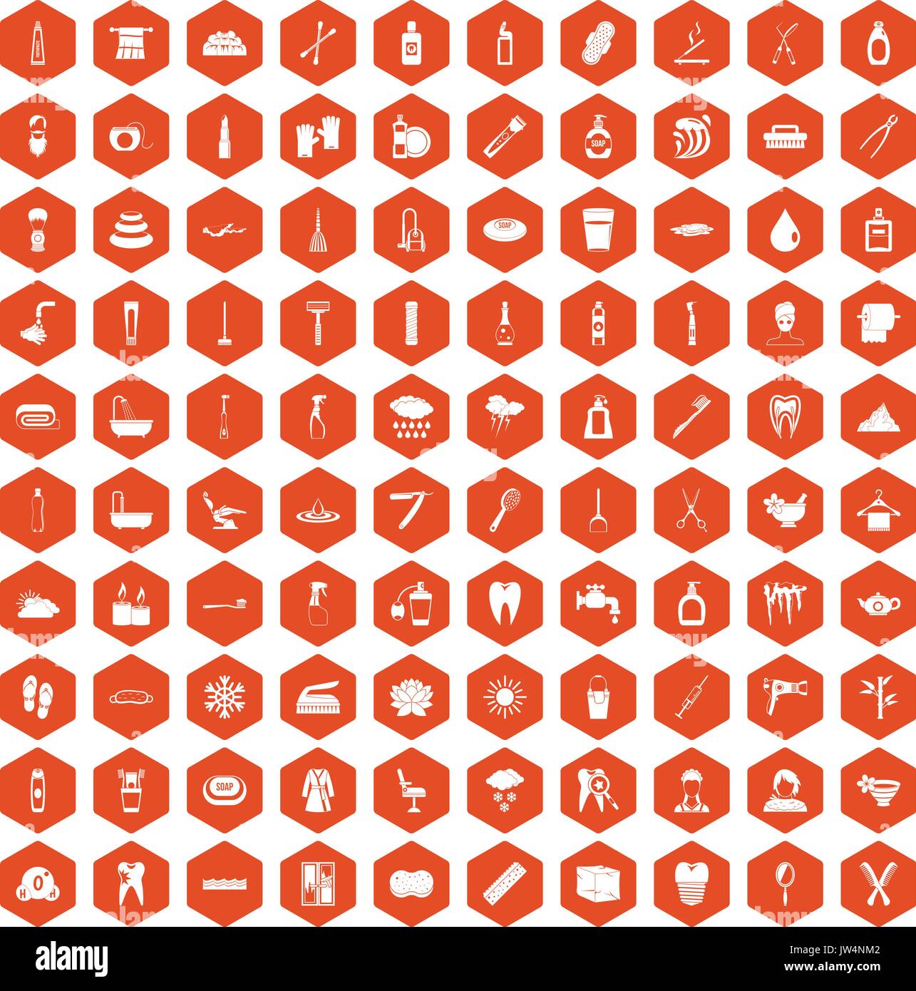 100 hygiene icons hexagon orange Stock Vector