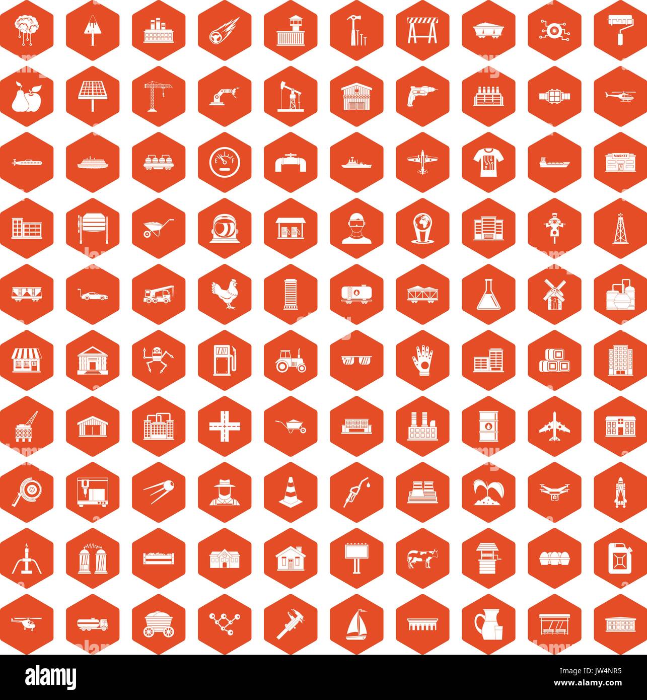 100 industry icons hexagon orange Stock Vector