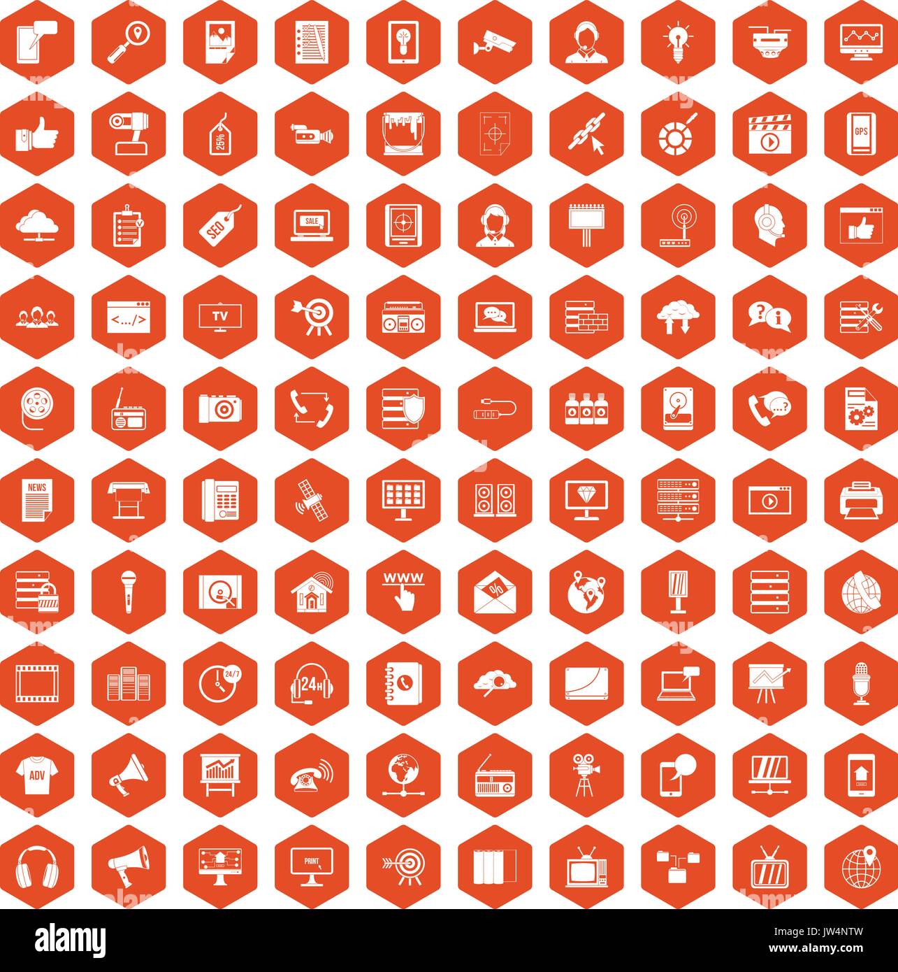 100 information technology icons hexagon orange Stock Vector