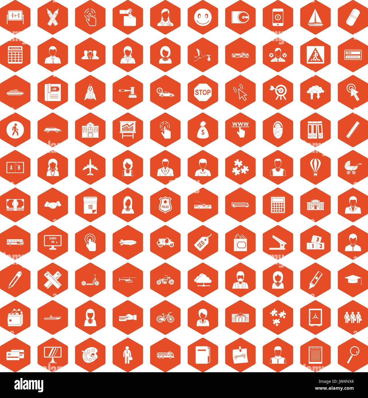 100 initiation icons hexagon orange Stock Vector