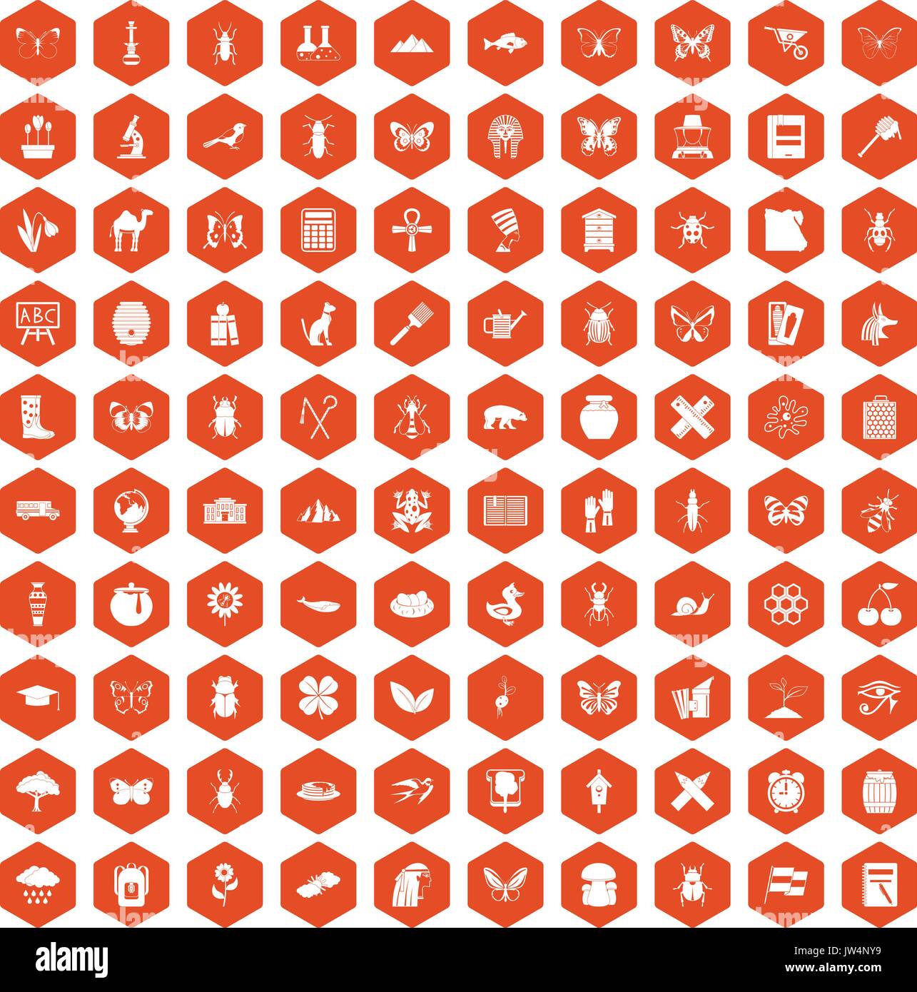 100 insects icons hexagon orange Stock Vector