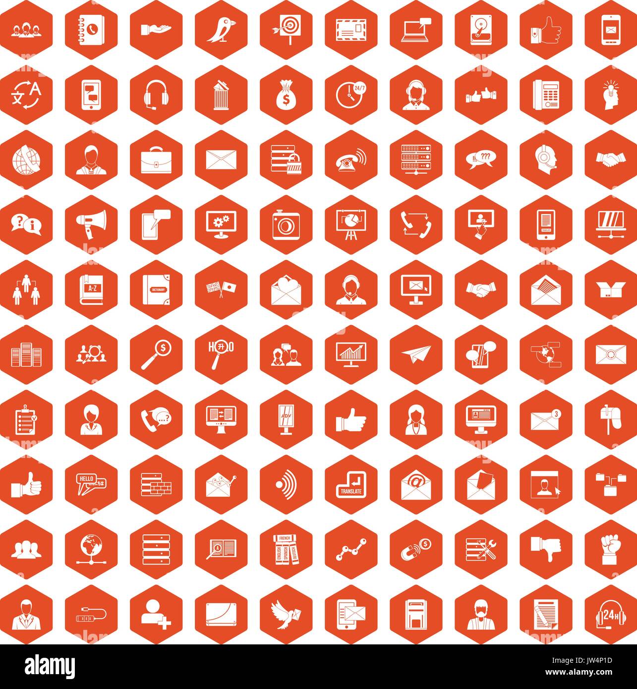 100 interaction icons hexagon orange Stock Vector