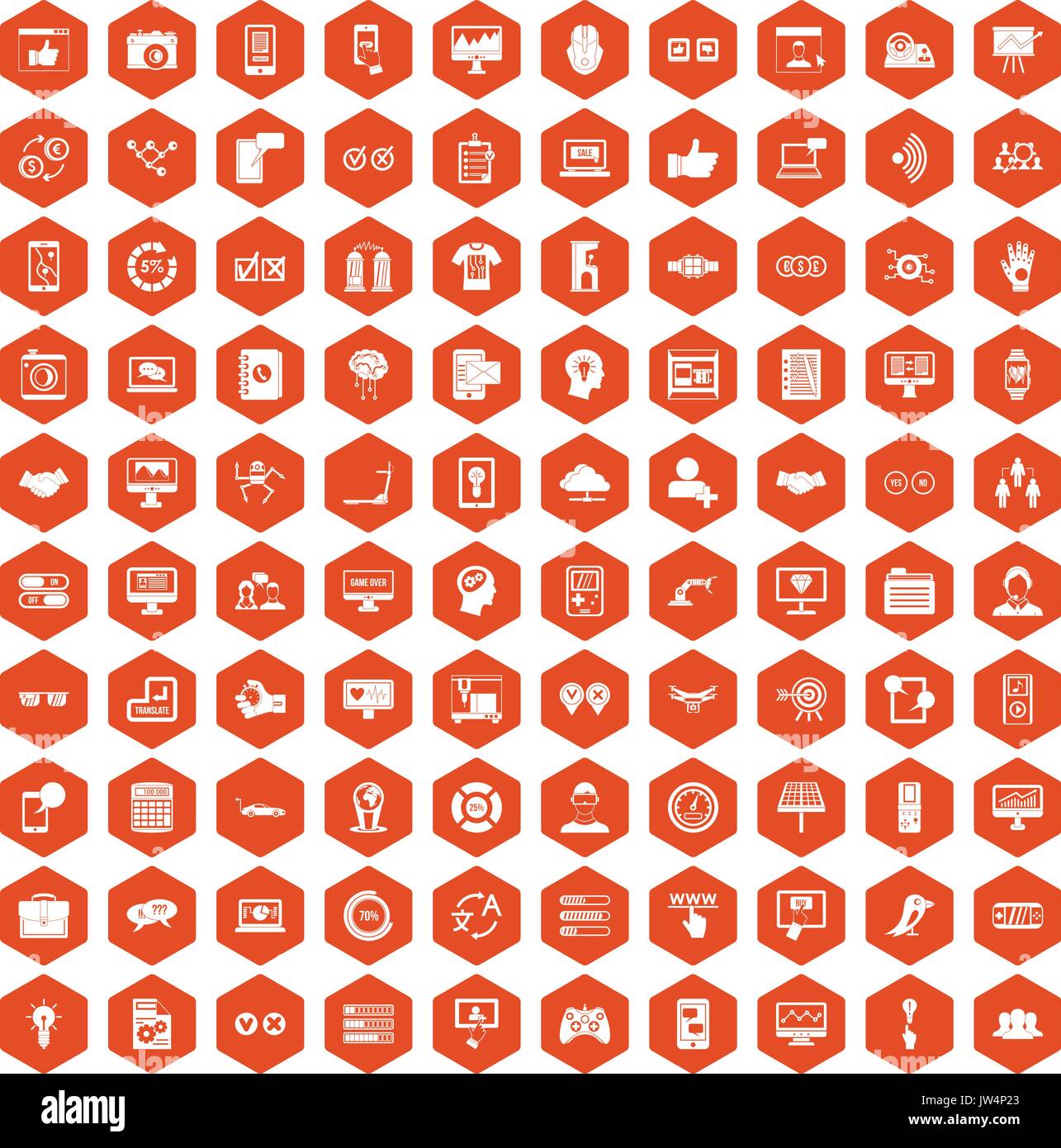 100 interface icons hexagon orange Stock Vector