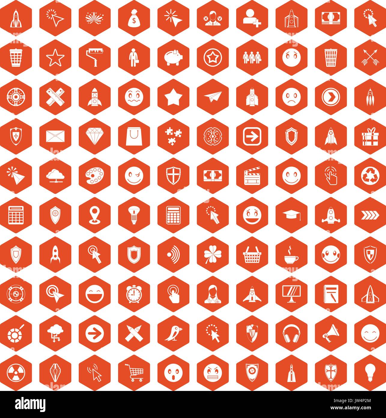 100 interface pictogram icons hexagon orange Stock Vector