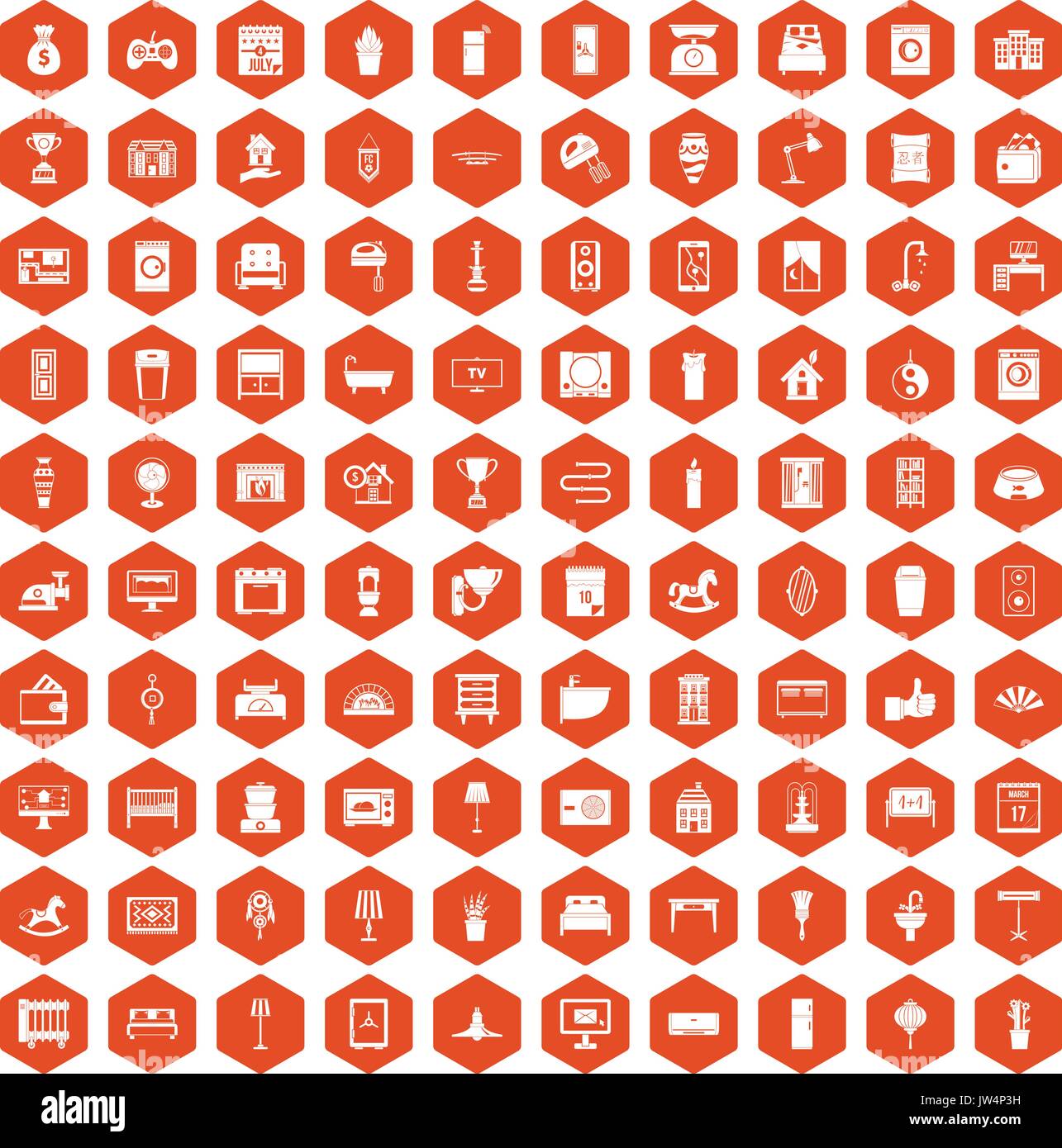 100 interior icons hexagon orange Stock Vector