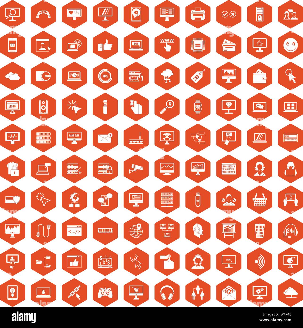 100 internet icons hexagon orange Stock Vector