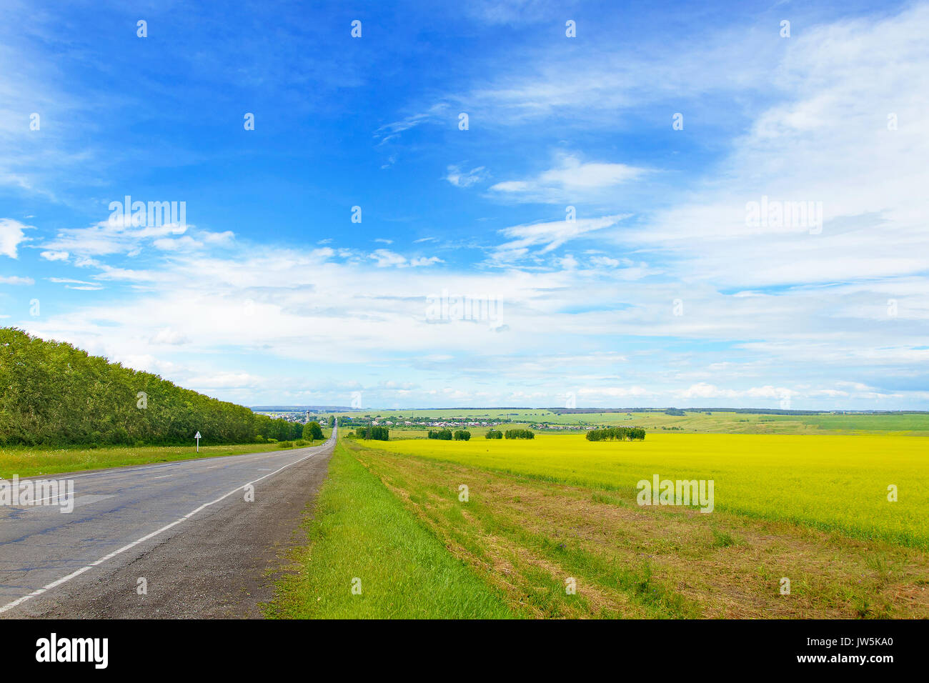 Summer Scene: Beautiful Landscape with Green Grass, Blue Sky and Road ...