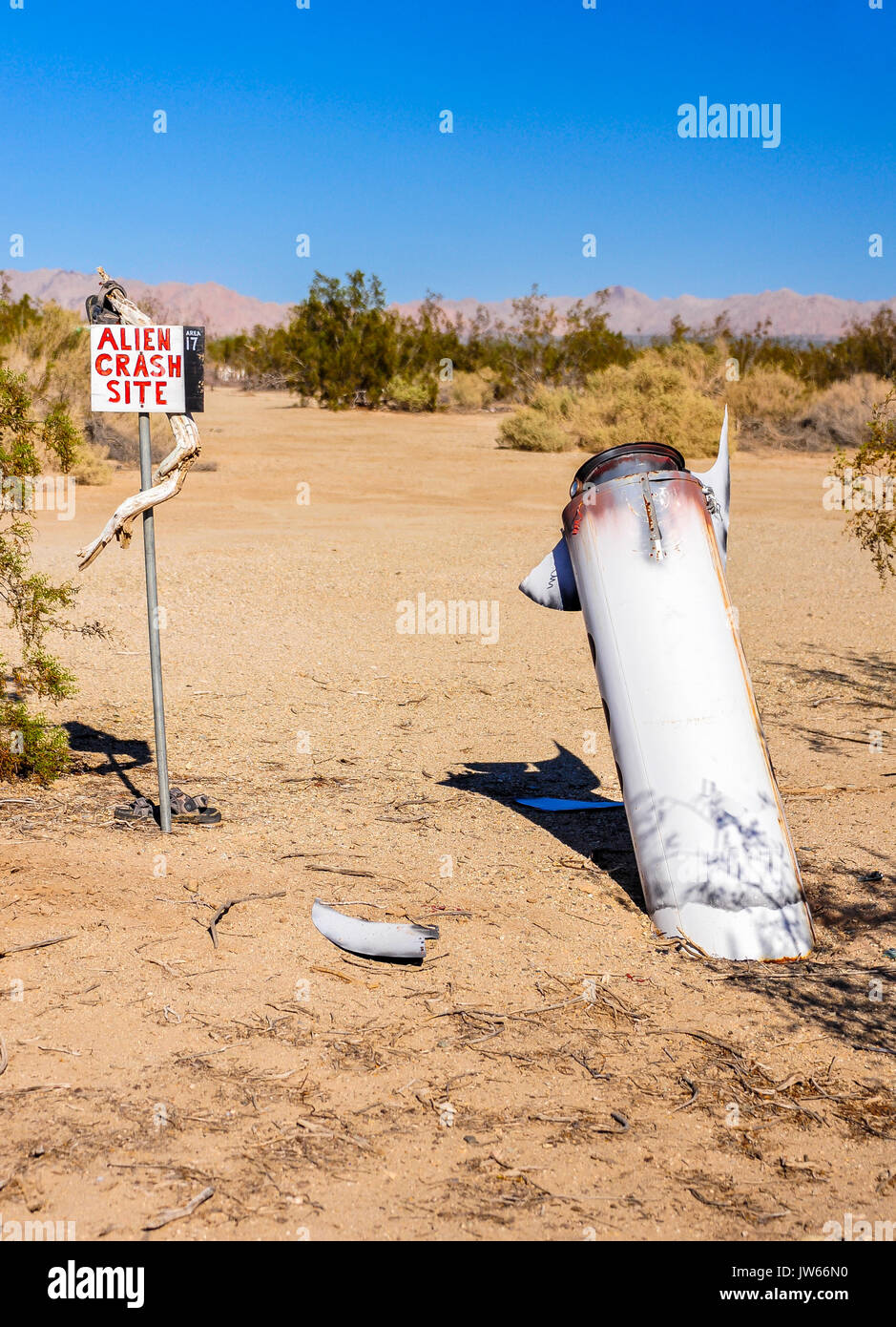 Alien crash site display in the Sonoran Desert, Slab City, California Stock Photo