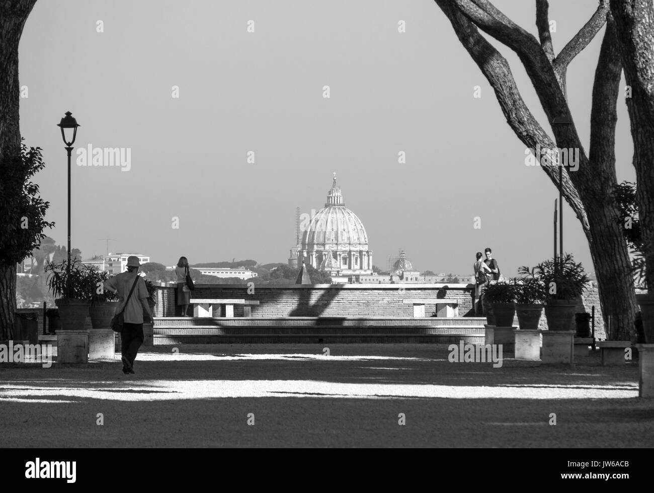 Rome, Italy - The terrace named Orange Garden in Aventino hill, with view on Saint Peter dome and famous keyhole of 'Cavalieri di Malta' square. Stock Photo