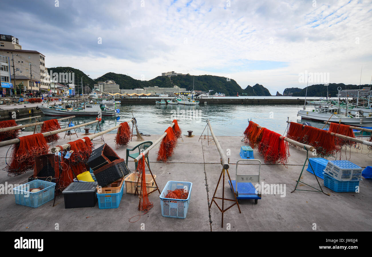 Katsuura, Japan - Nov 30, 2016. Fishing nets at Katsuura Harbor in Japan. Nachi-Katsuura is a town on the southeastern coast of the Kii Peninsula, Kan Stock Photo