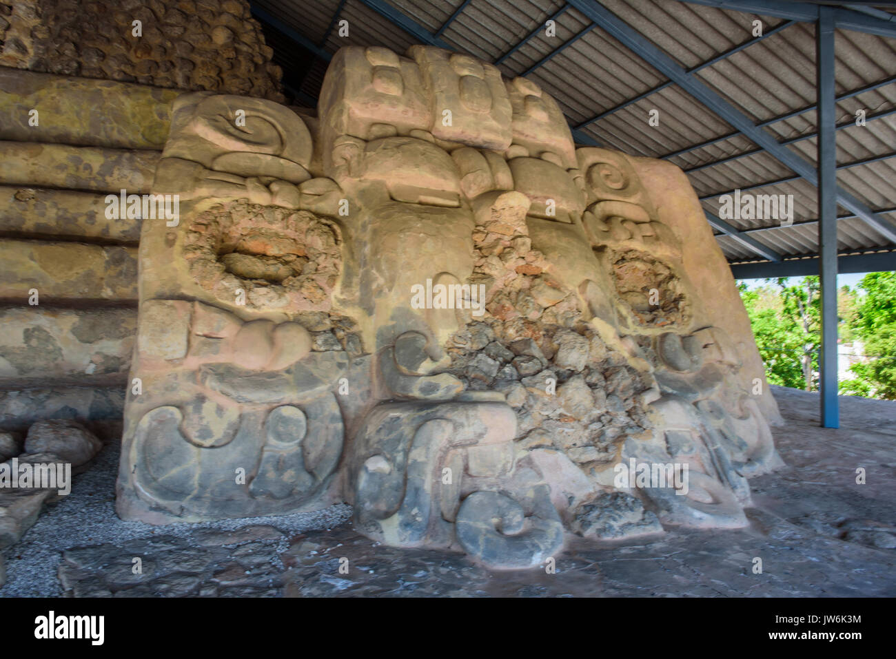 Carved masks in the Acanceh archeological site, Acanceh, Yucatan state, Mexico Stock Photo