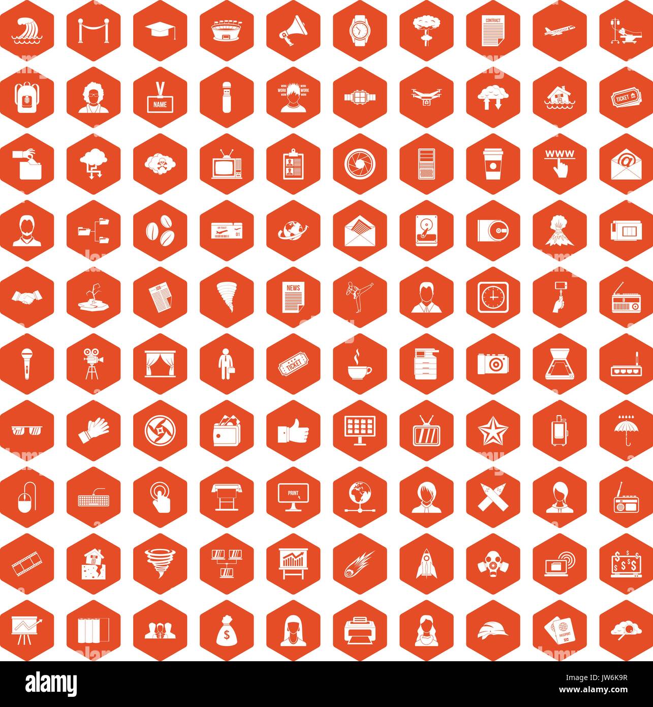 100 journalist icons hexagon orange Stock Vector