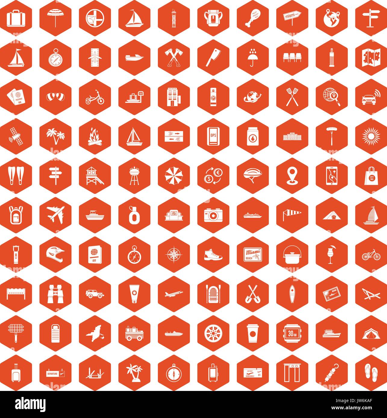 100 journey icons hexagon orange Stock Vector