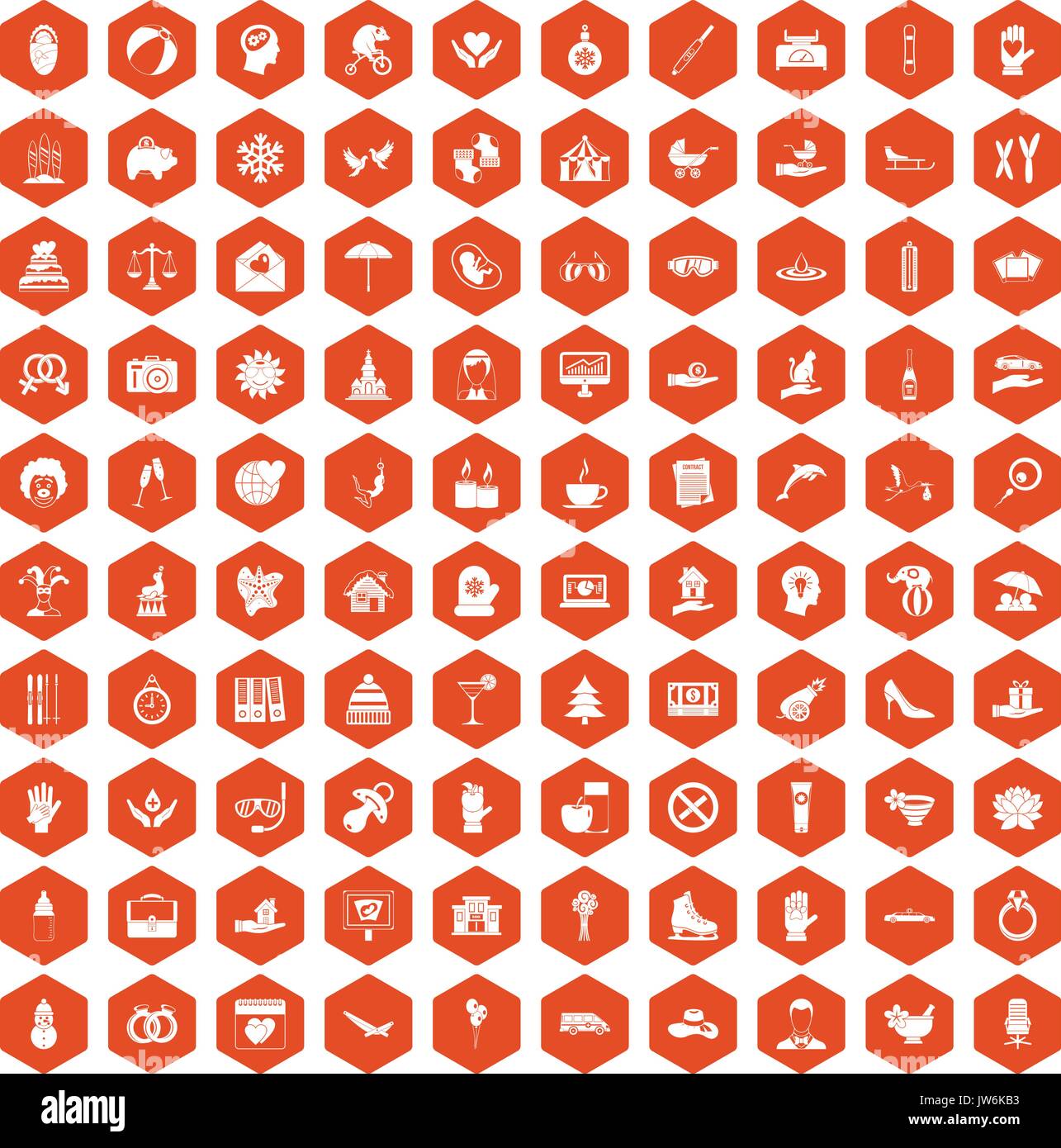100 joy icons hexagon orange Stock Vector