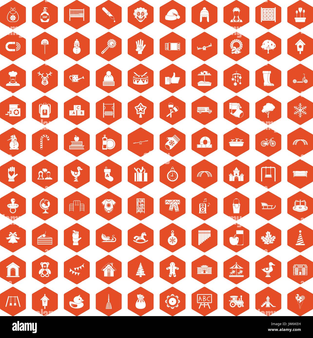 100 kindergarten icons hexagon orange Stock Vector