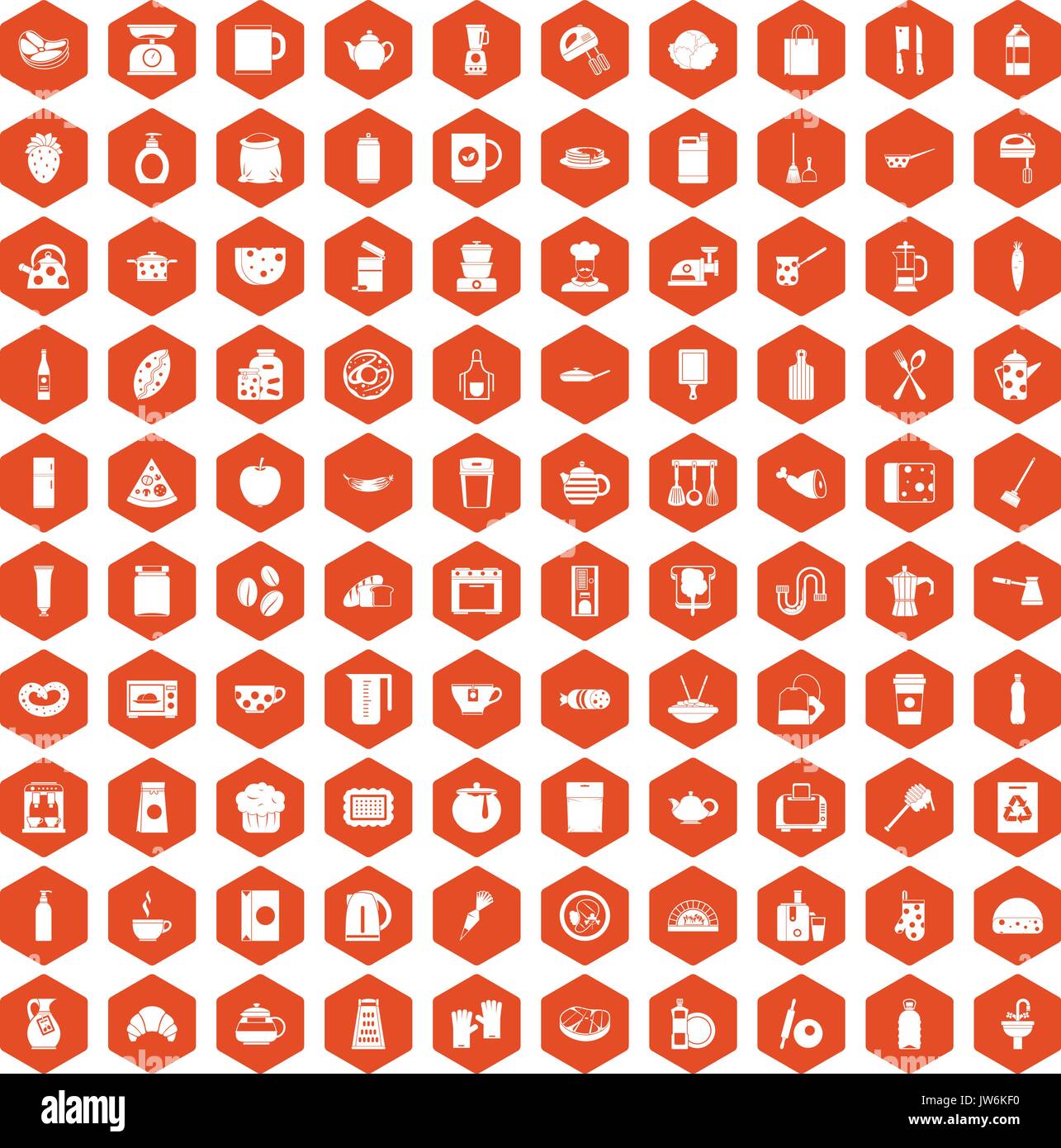 100 kitchen icons hexagon orange Stock Vector