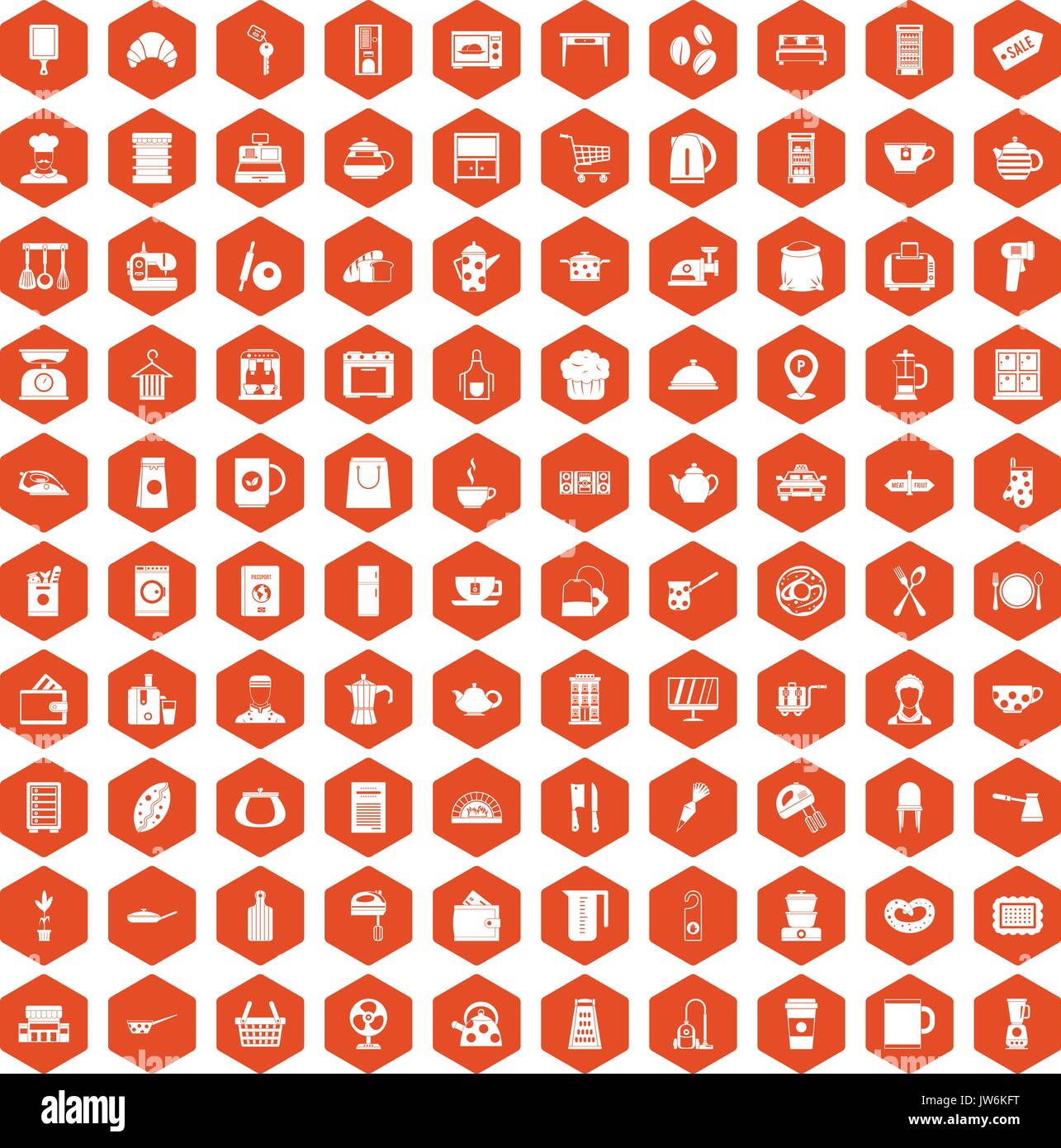 100 kitchen utensils icons hexagon orange Stock Vector