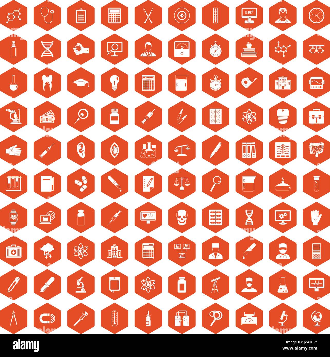 100 lab icons hexagon orange Stock Vector