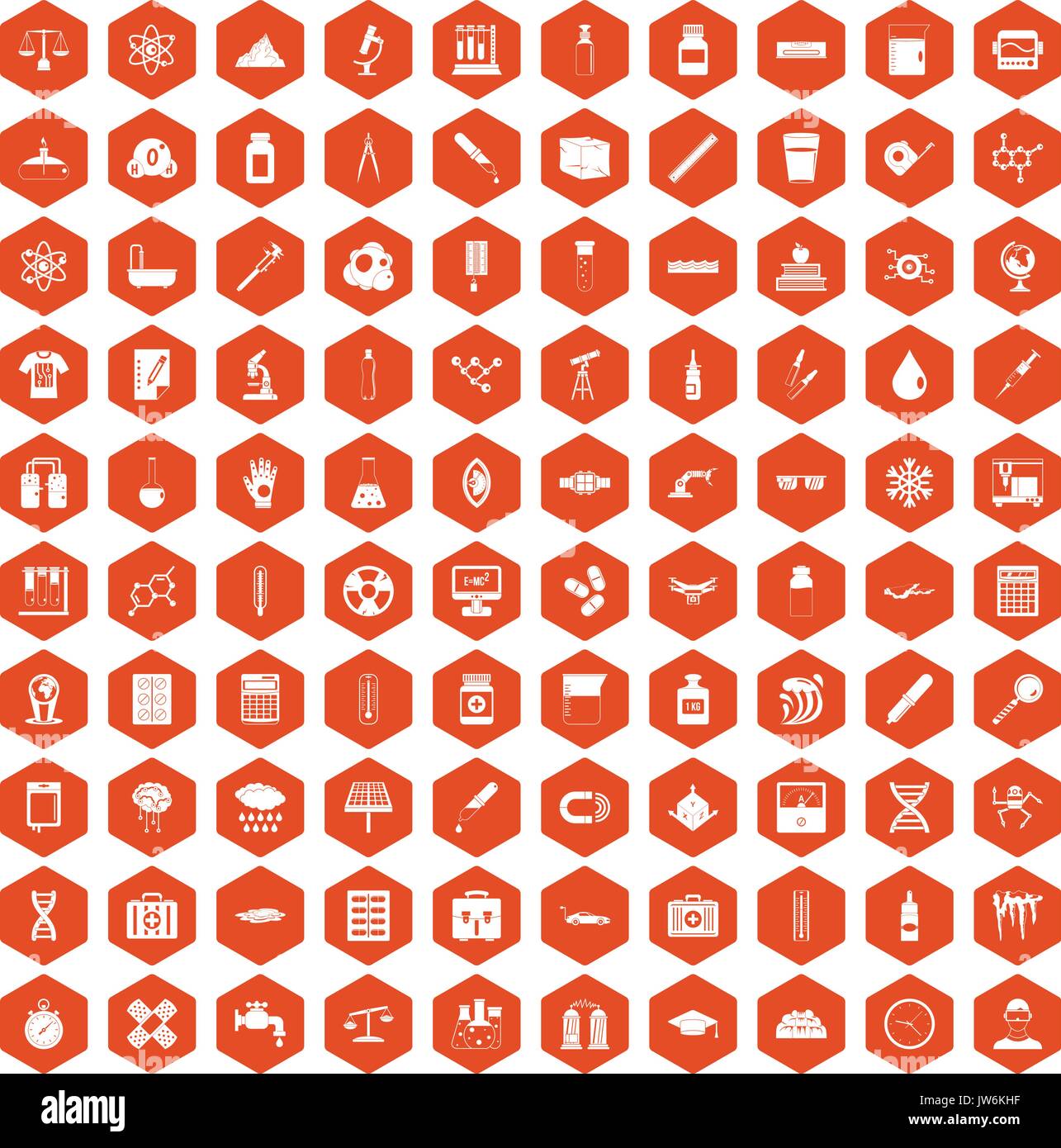 100 laboratory icons hexagon orange Stock Vector