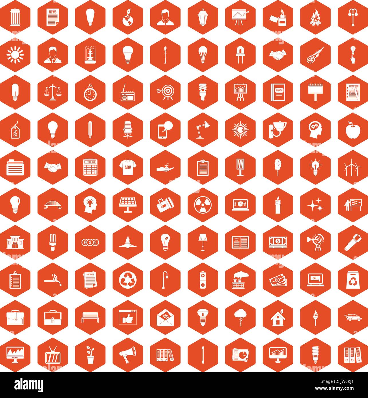100 lamp icons hexagon orange Stock Vector