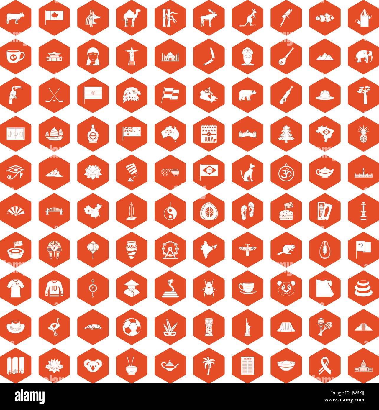 100 landmarks icons hexagon orange Stock Vector