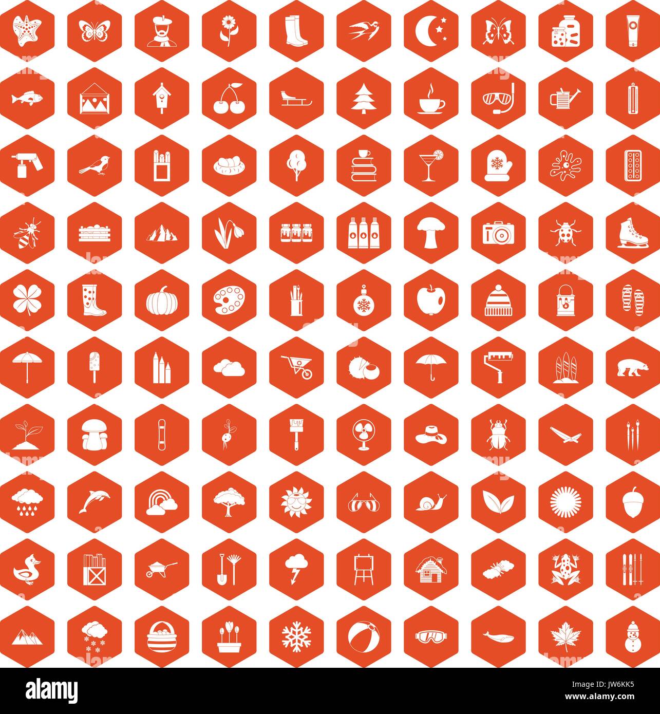 100 landscape icons hexagon orange Stock Vector