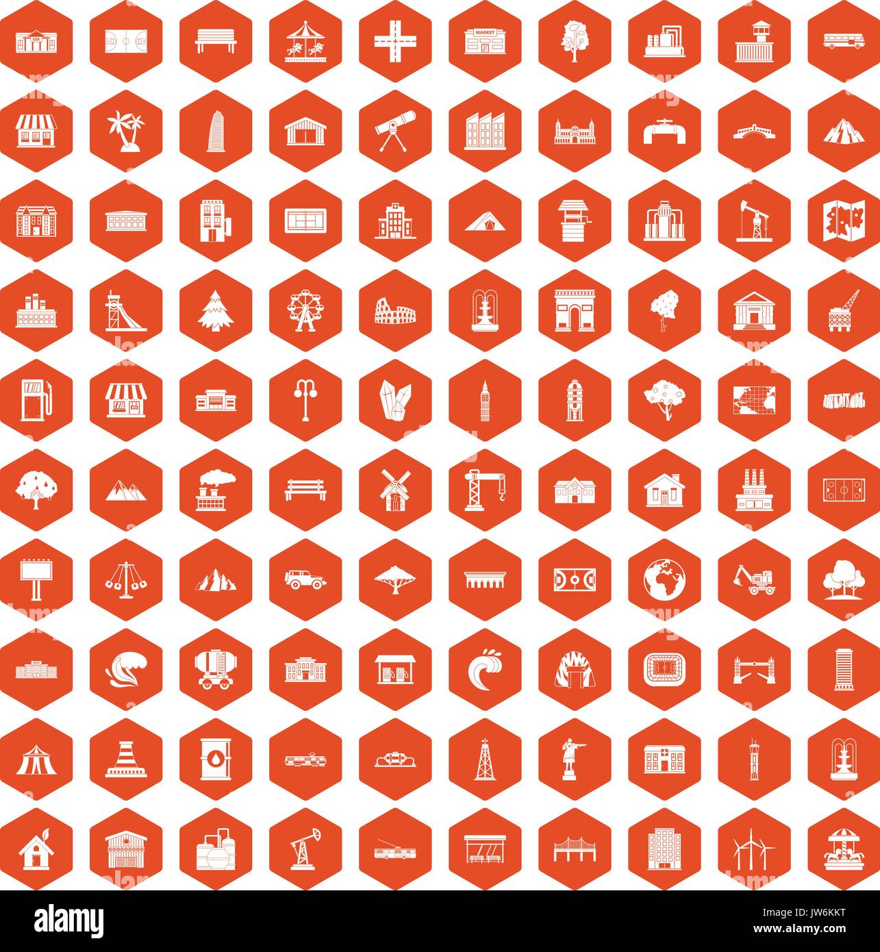 100 landscape element icons hexagon orange Stock Vector