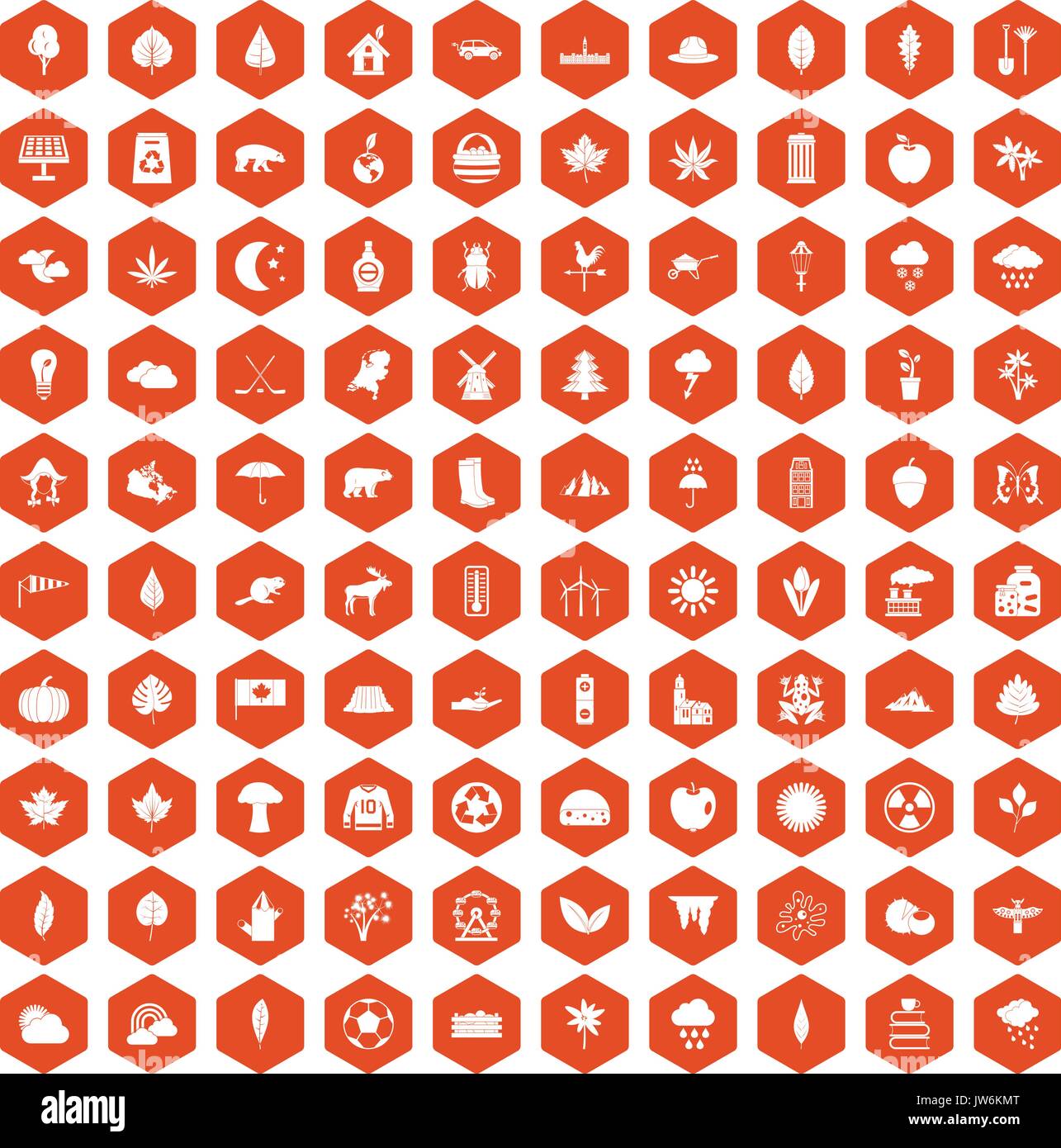 100 leaf icons hexagon orange Stock Vector