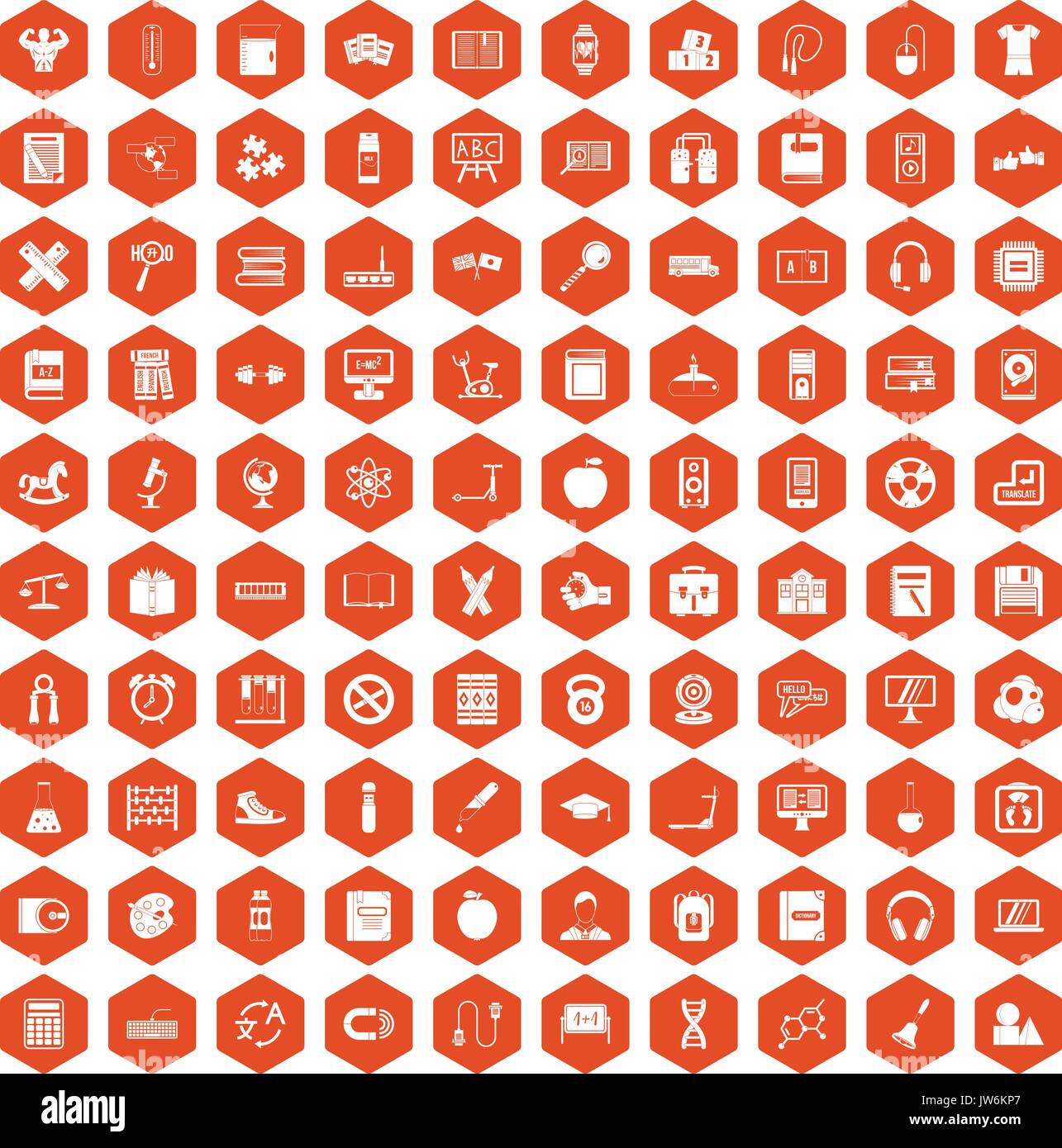 100 learning kids icons hexagon orange Stock Vector