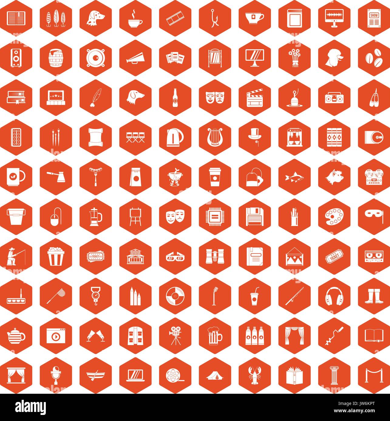 100 leisure icons hexagon orange Stock Vector