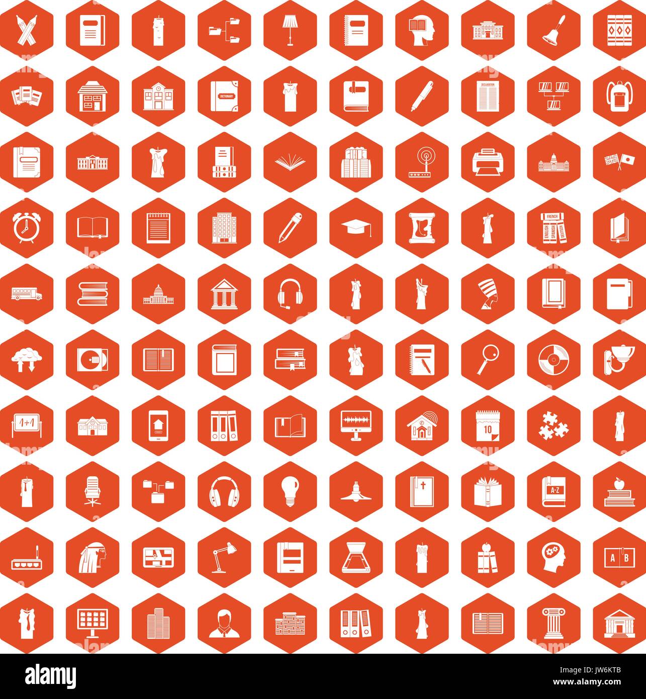 100 library icons hexagon orange Stock Vector