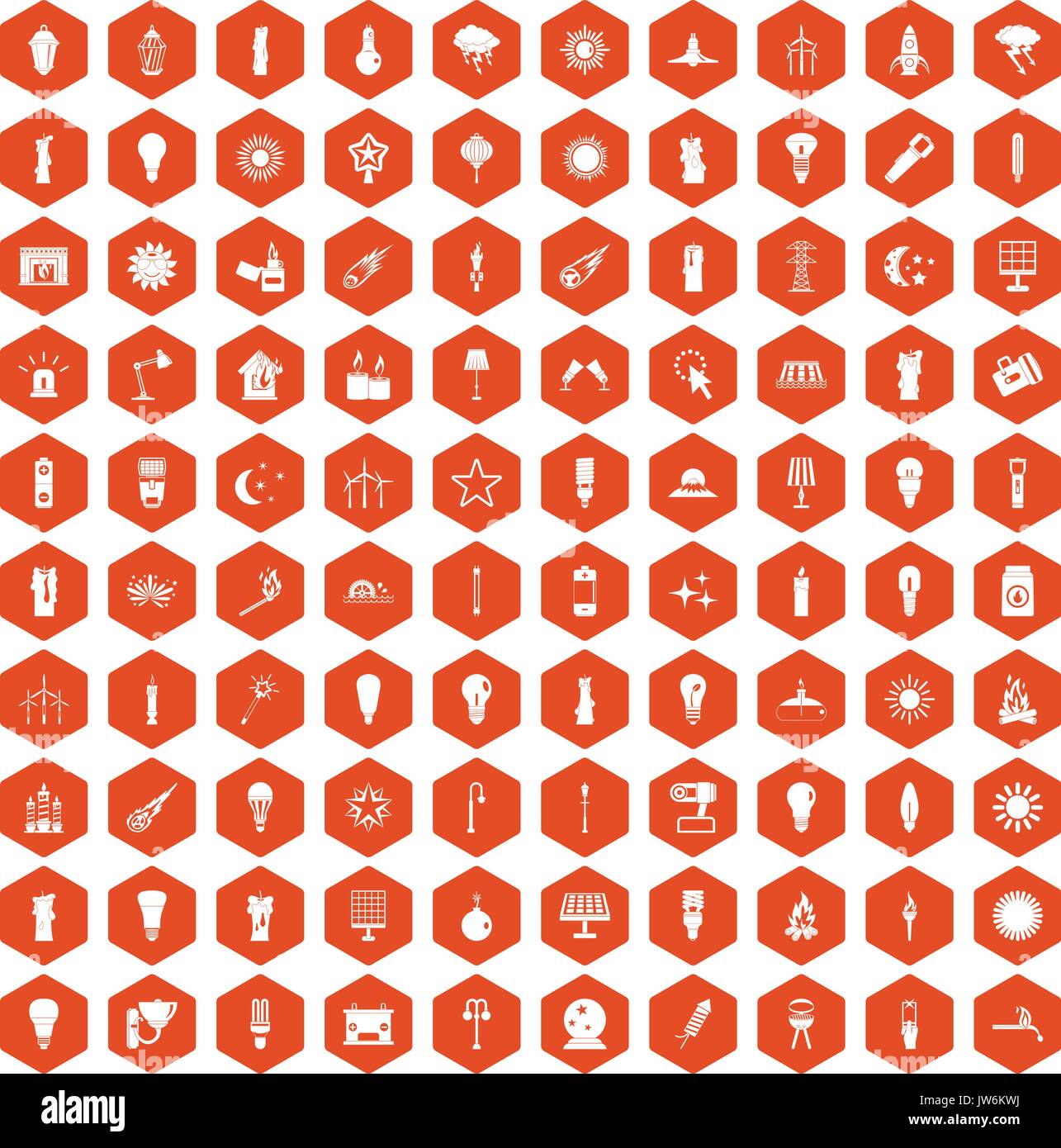 100 light source icons hexagon orange Stock Vector