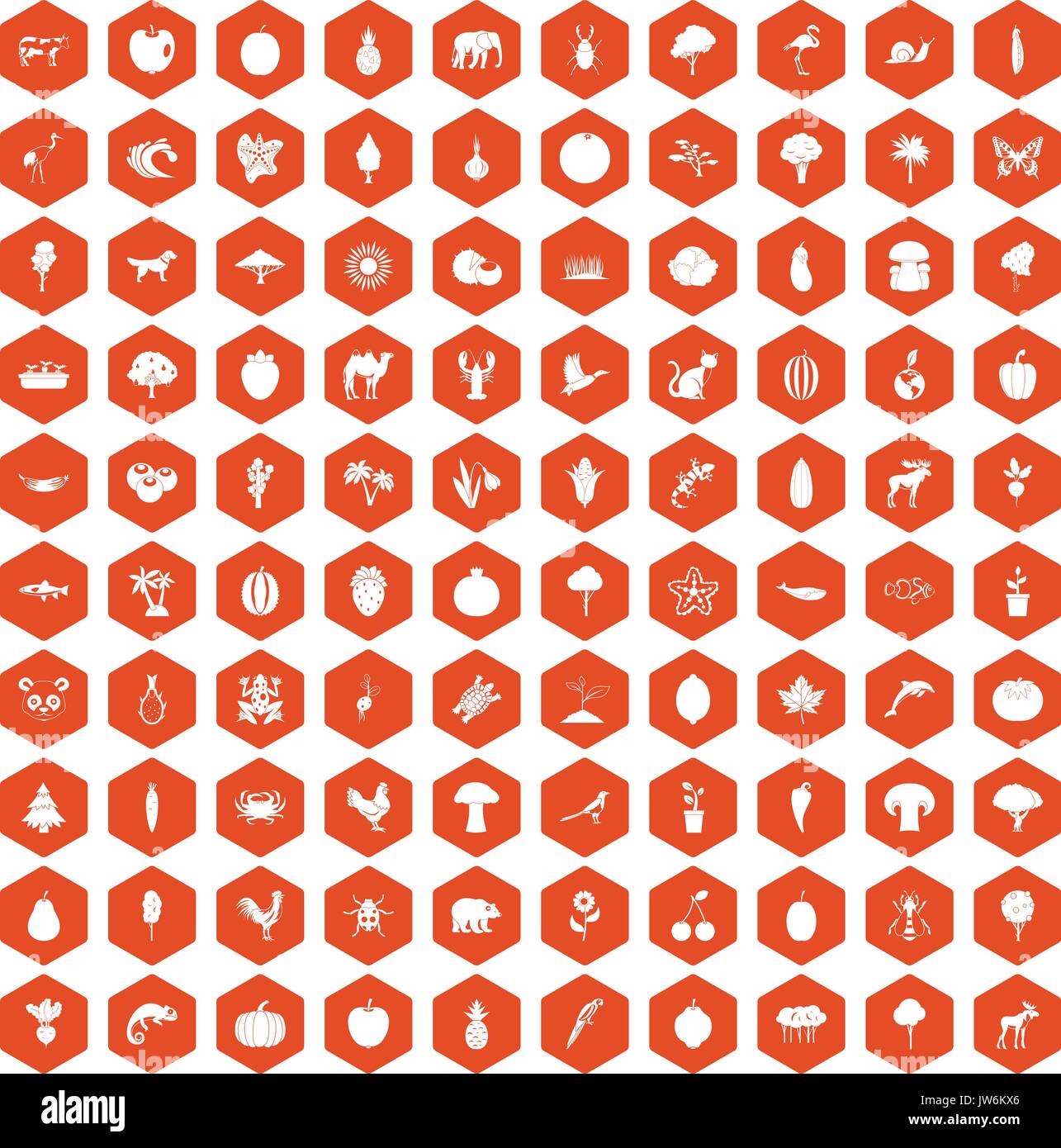 100 live nature icons hexagon orange Stock Vector