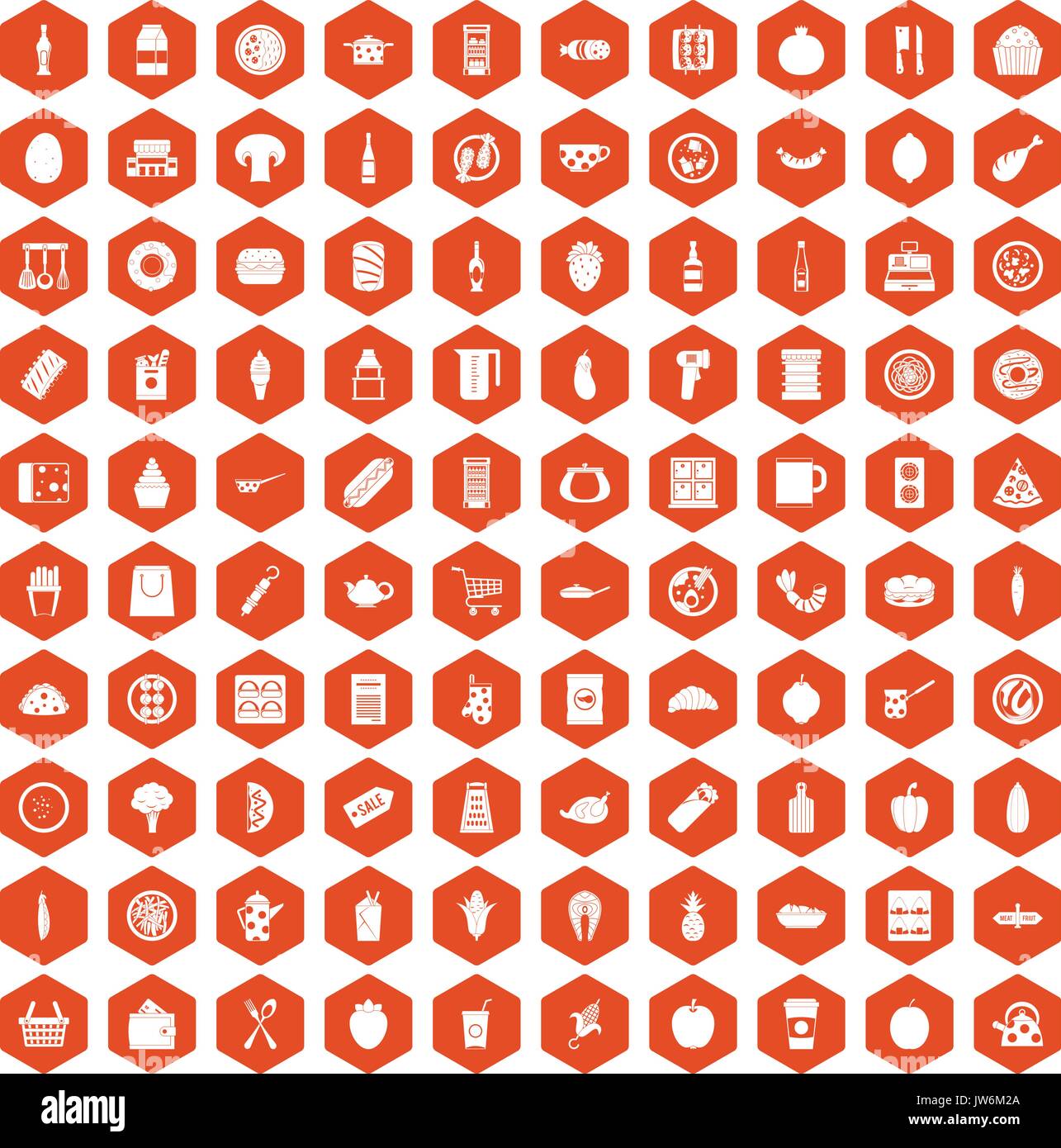 100 lunch icons hexagon orange Stock Vector