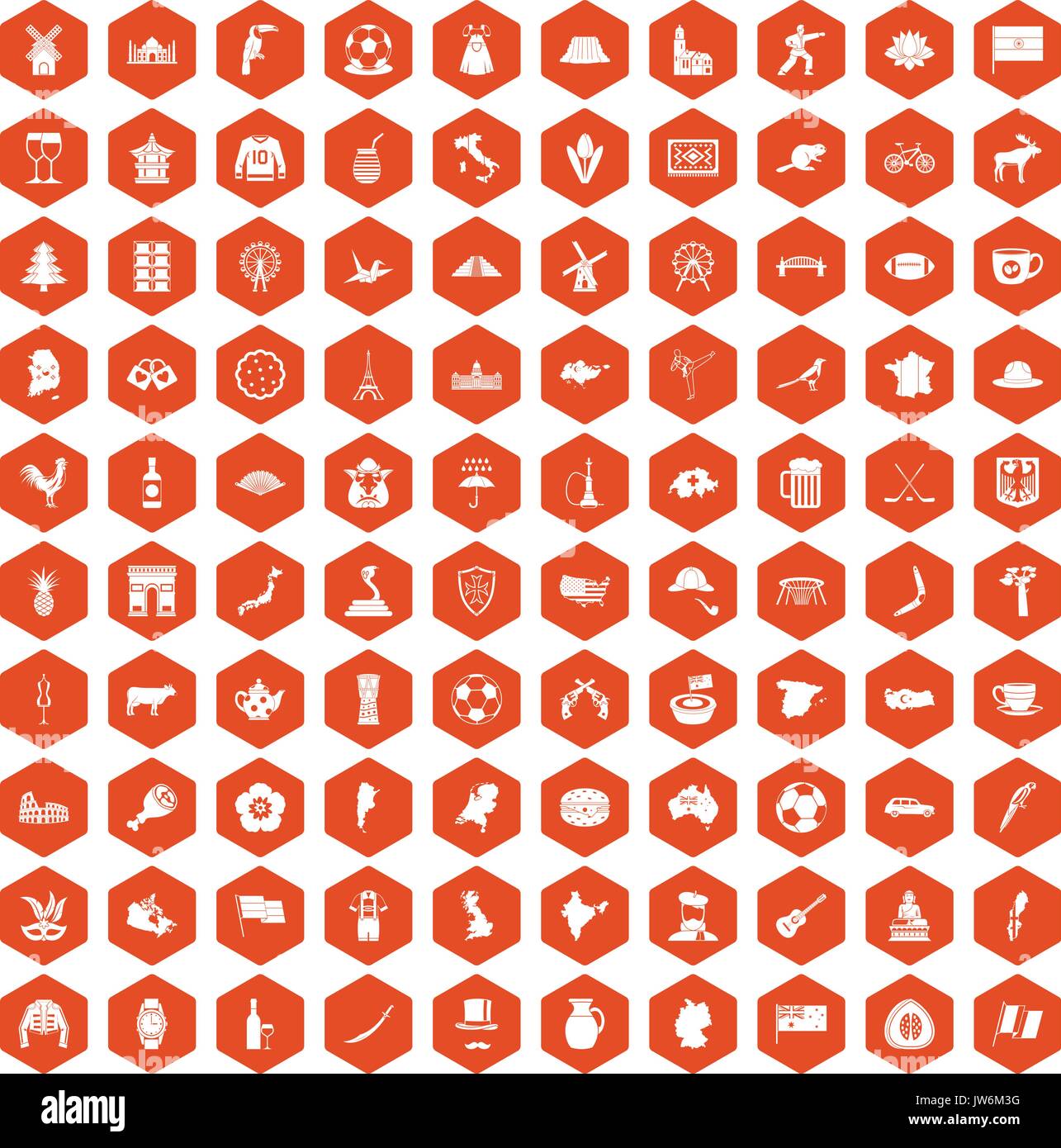 100 map icons hexagon orange Stock Vector