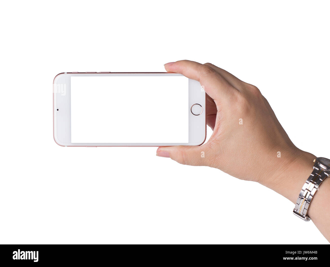 Woman hand holding smartphone blank screen isolated on white Stock ...