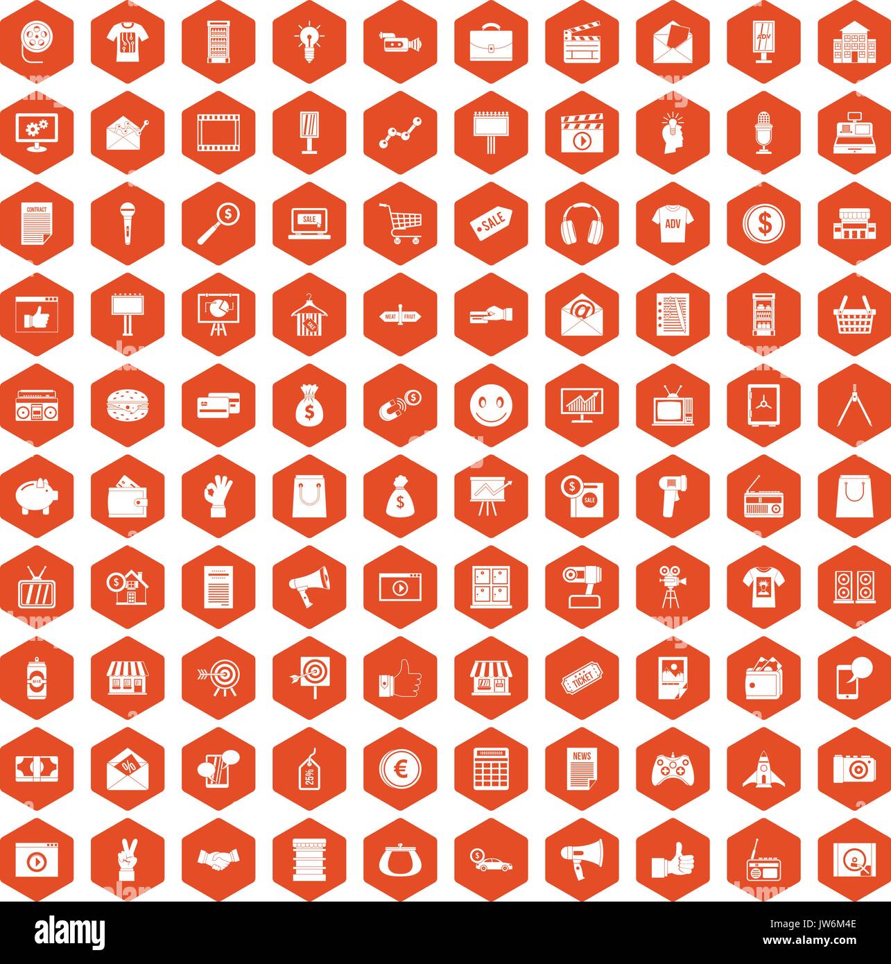 100 marketing icons hexagon orange Stock Vector
