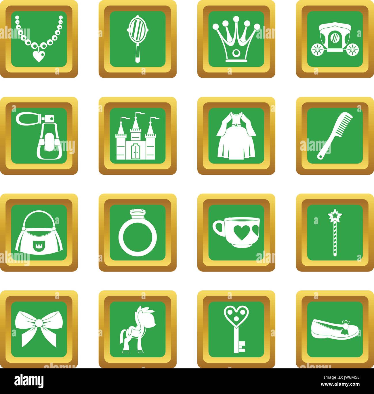 Doll princess items icons set green Stock Vector