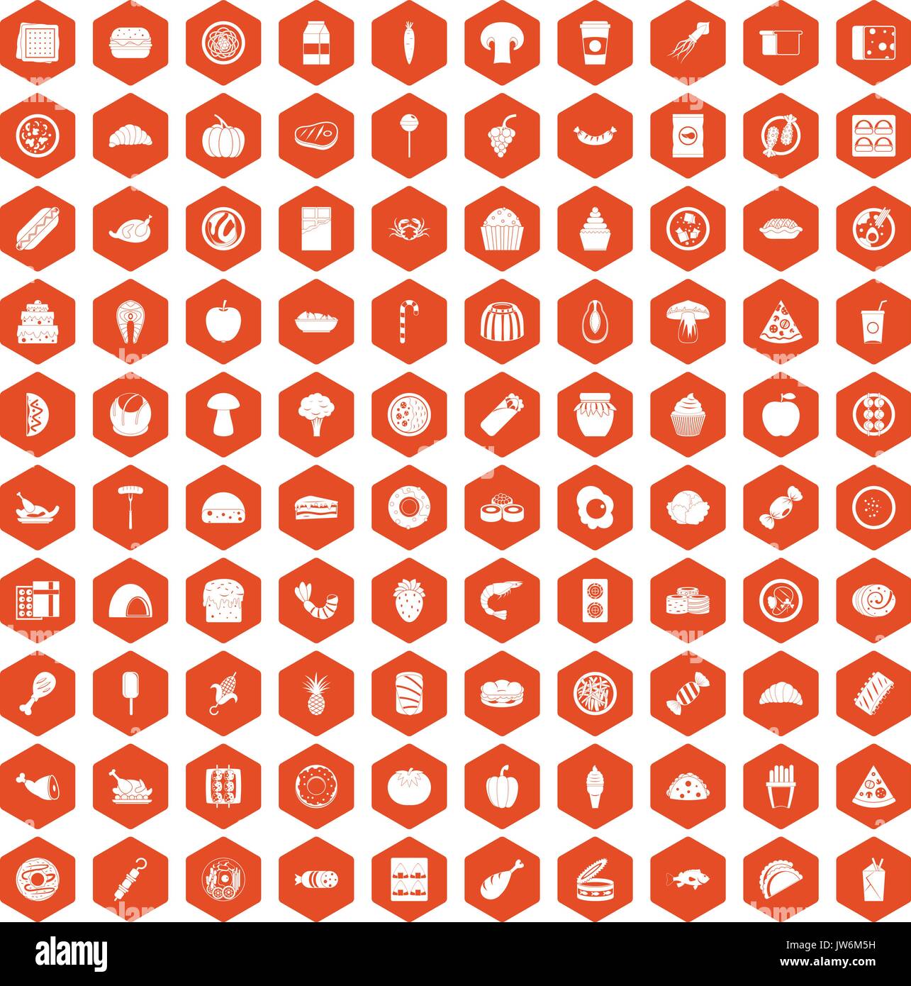 100 meal icons hexagon orange Stock Vector
