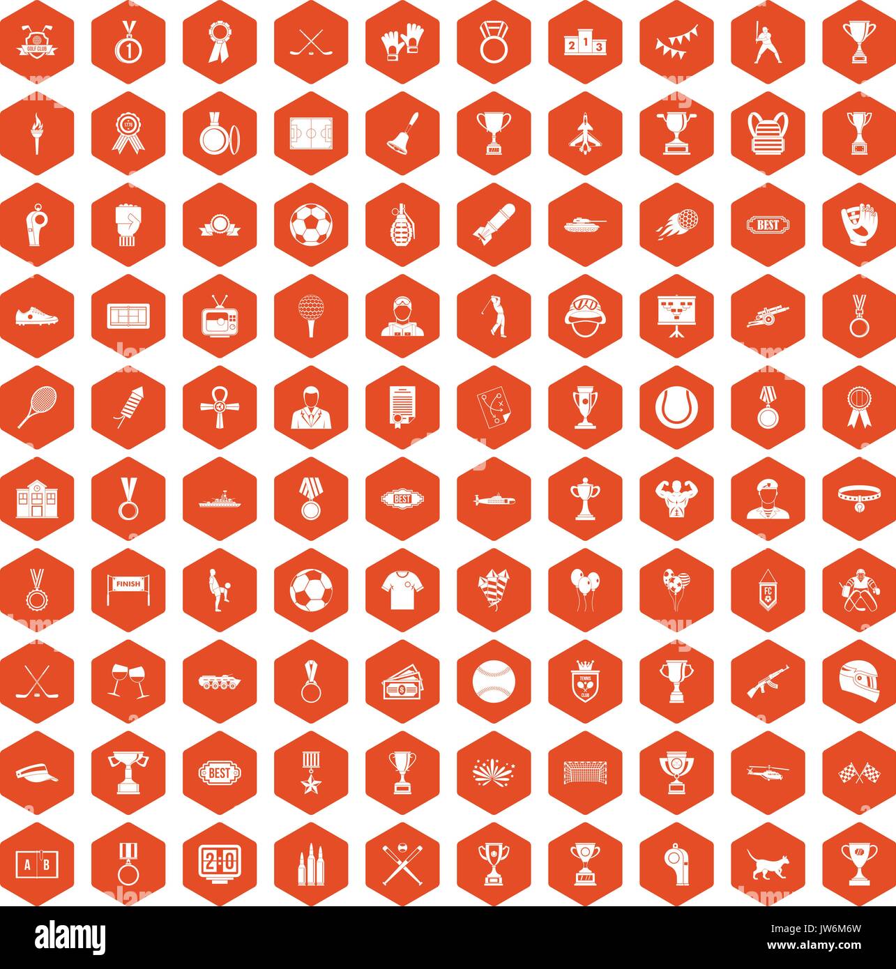 100 medal icons hexagon orange Stock Vector