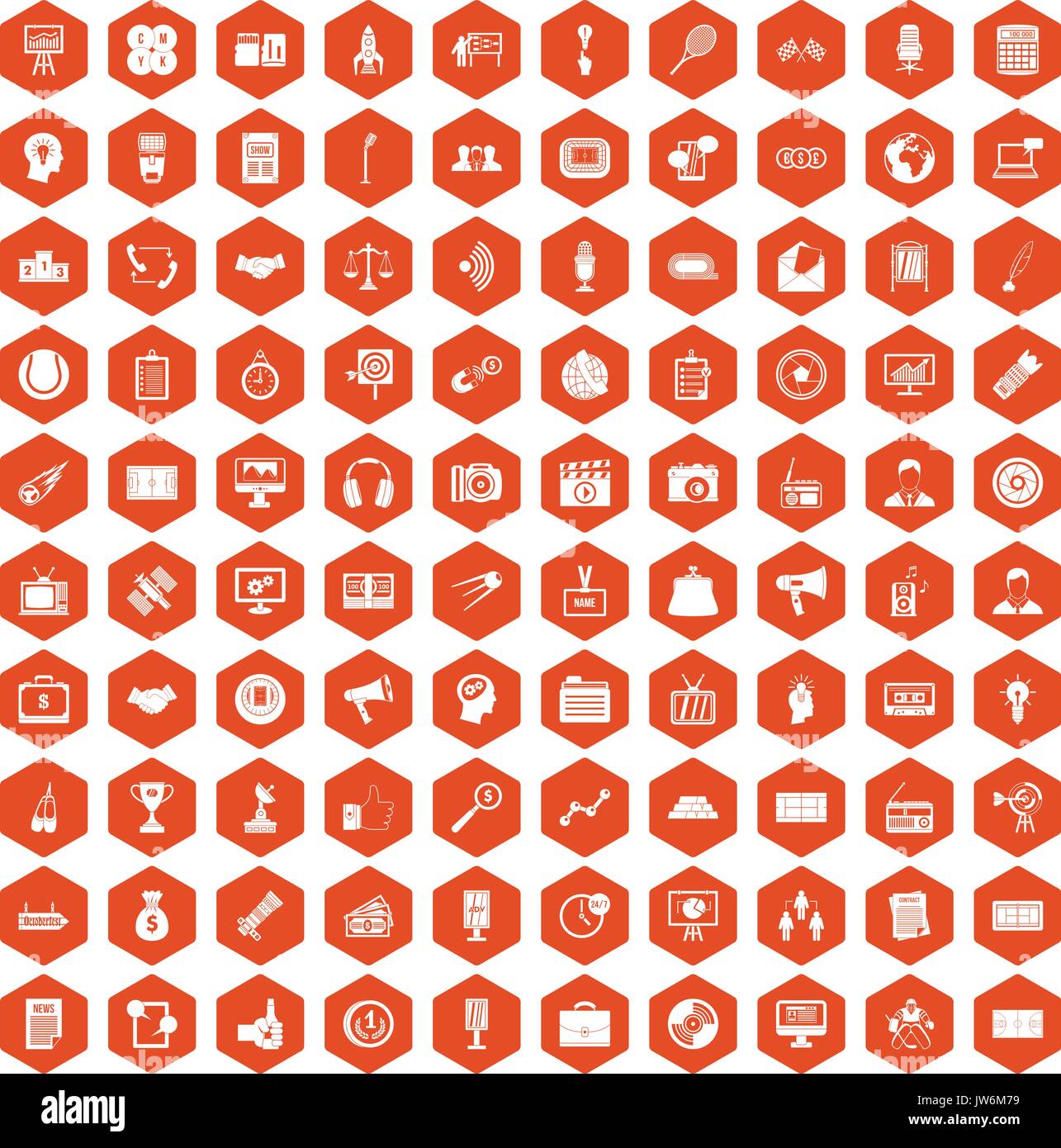100 media icons hexagon orange Stock Vector