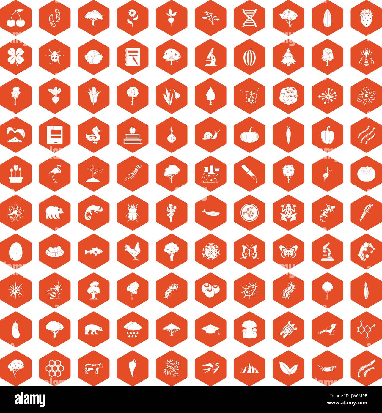 100 microbiology icons hexagon orange Stock Vector