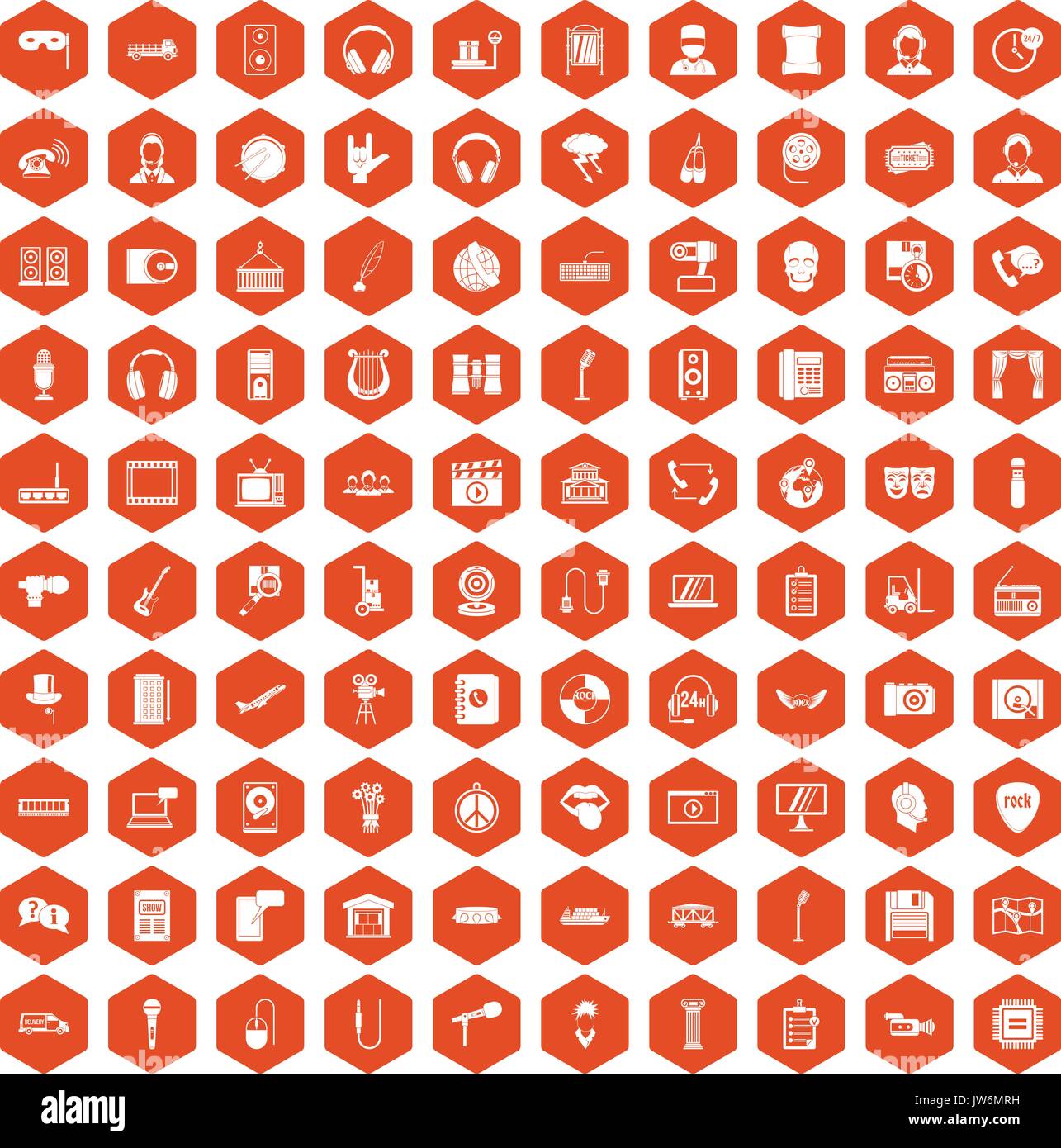 100 microphone icons hexagon orange Stock Vector