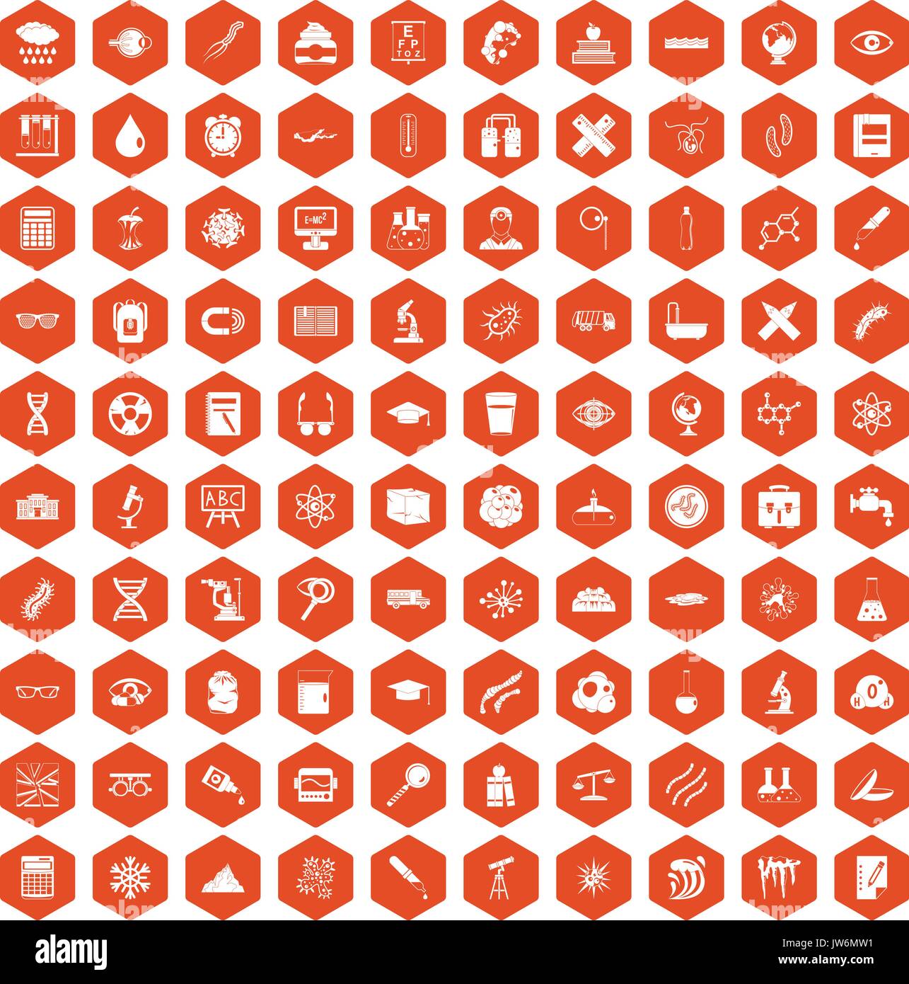 100 microscope icons hexagon orange Stock Vector
