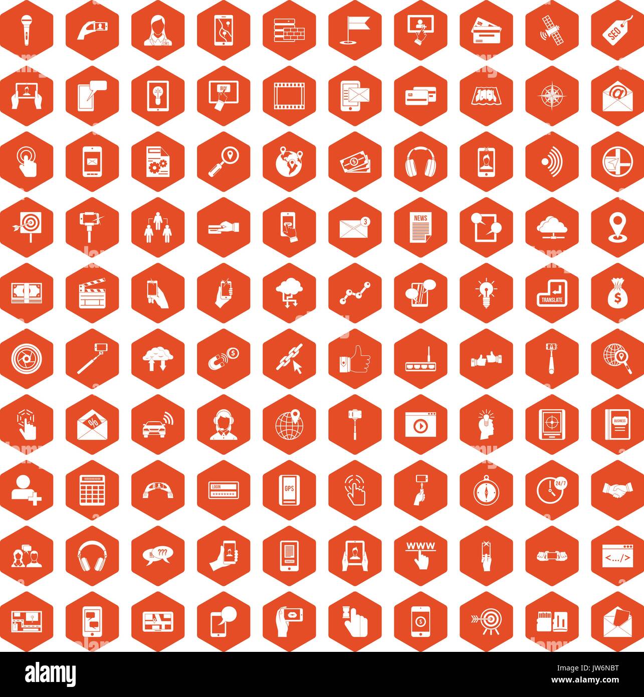 100 mobile icons hexagon orange Stock Vector